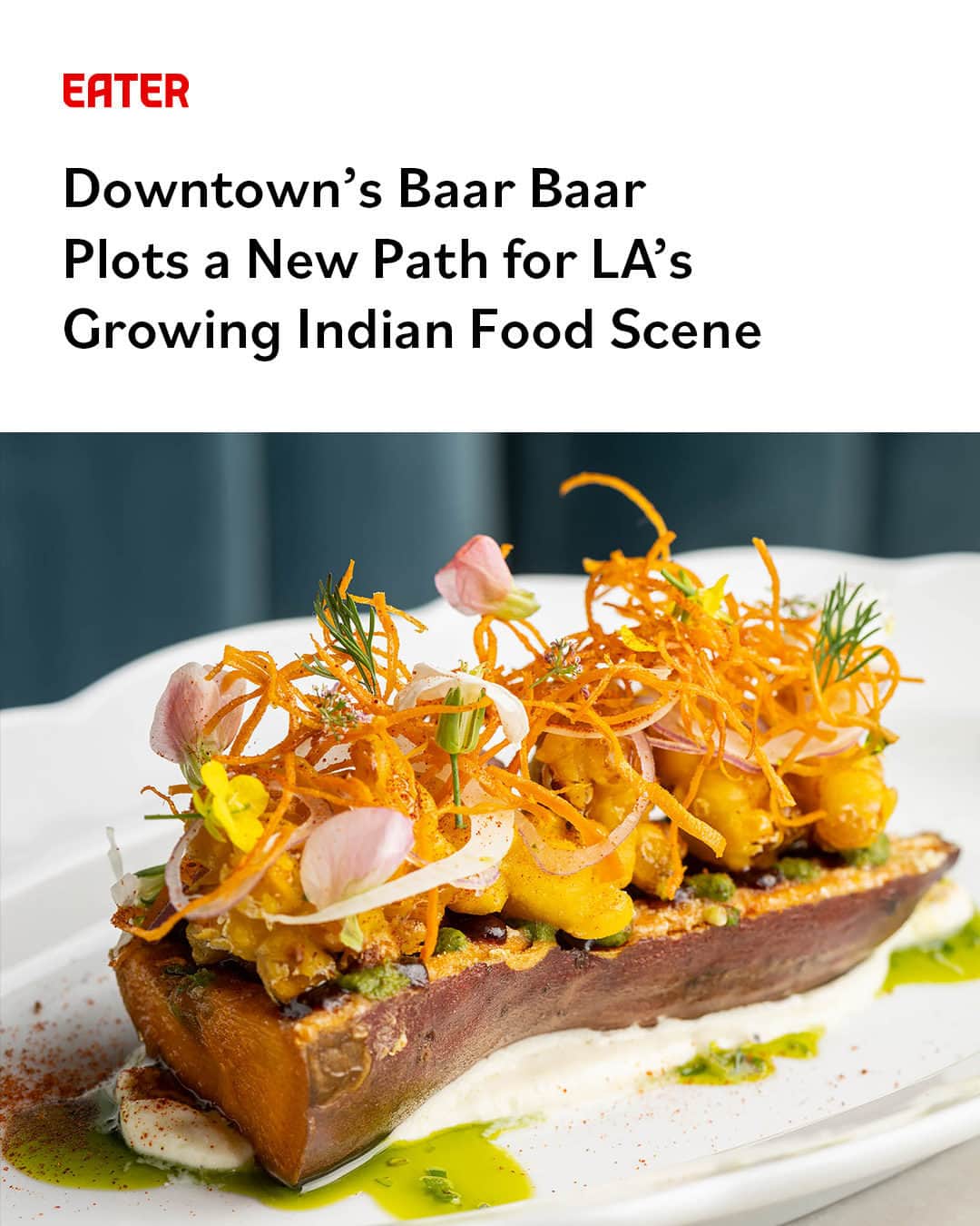 Eater LAのインスタグラム：「Pink, orange, and amber cocktails named after Bollywood films land on quartzite tables, closely followed by ample servings of chaat, a genre of mouth-puckering, salty, savory, and sweet street food dishes. Empty plates are swept away and replaced by large baskets of naan and heaps of hot rice that accompany platters of whole seabass cooked in banana leaves, tender and creamy butter chicken, and tandoor-cooked butternut squash. At Downtown's new Baar Baar (@baarbaarlosangeles), Angelenos can try out-of-the-box versions of Indian dishes they won’t find anywhere else in the Southland.  Baar Baar's chef Sujan Sarkar (@chefsujans) wants to be the frontrunner in defining new Indian dining. His menu is not so much a love letter to the cuisine and culture as it is a mission statement, an insistence that Indian food can and should go beyond what most folks have had a chance to try. Baar Baar may not be the city’s only option for finer or more creative South Asian dining, but it plays with the cuisine’s past and present in a way that moves the conversation forward.  Hit the link in our bio to read the full feature from LA editor Virali Dave (@virali).  📸: @wonhophoto」