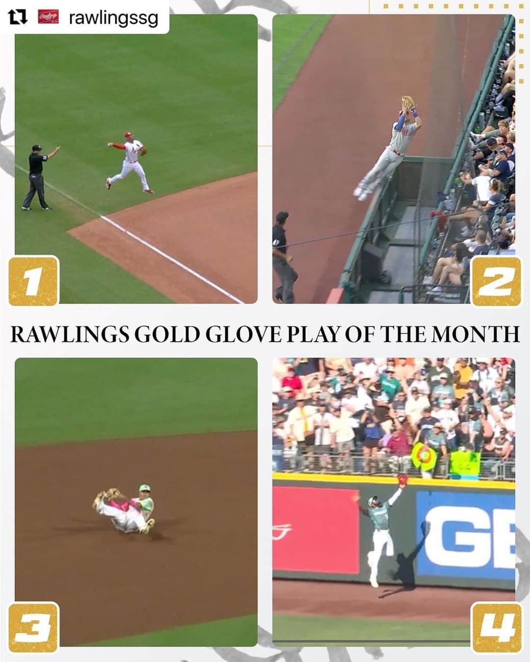 Rawlings Japanさんのインスタグラム写真 - (Rawlings JapanInstagram)「#Repost @rawlingssg with @use.repost ・・・ The July Gold Glove Play of the Month is here! Vote now on our story for the top play of the month from #TeamRawlings athletes! #GGPOTM #ローリングス  #守備 #グラブ #野球 @rawlings_japan_llc」8月3日 10時15分 - rawlings_japan_llc
