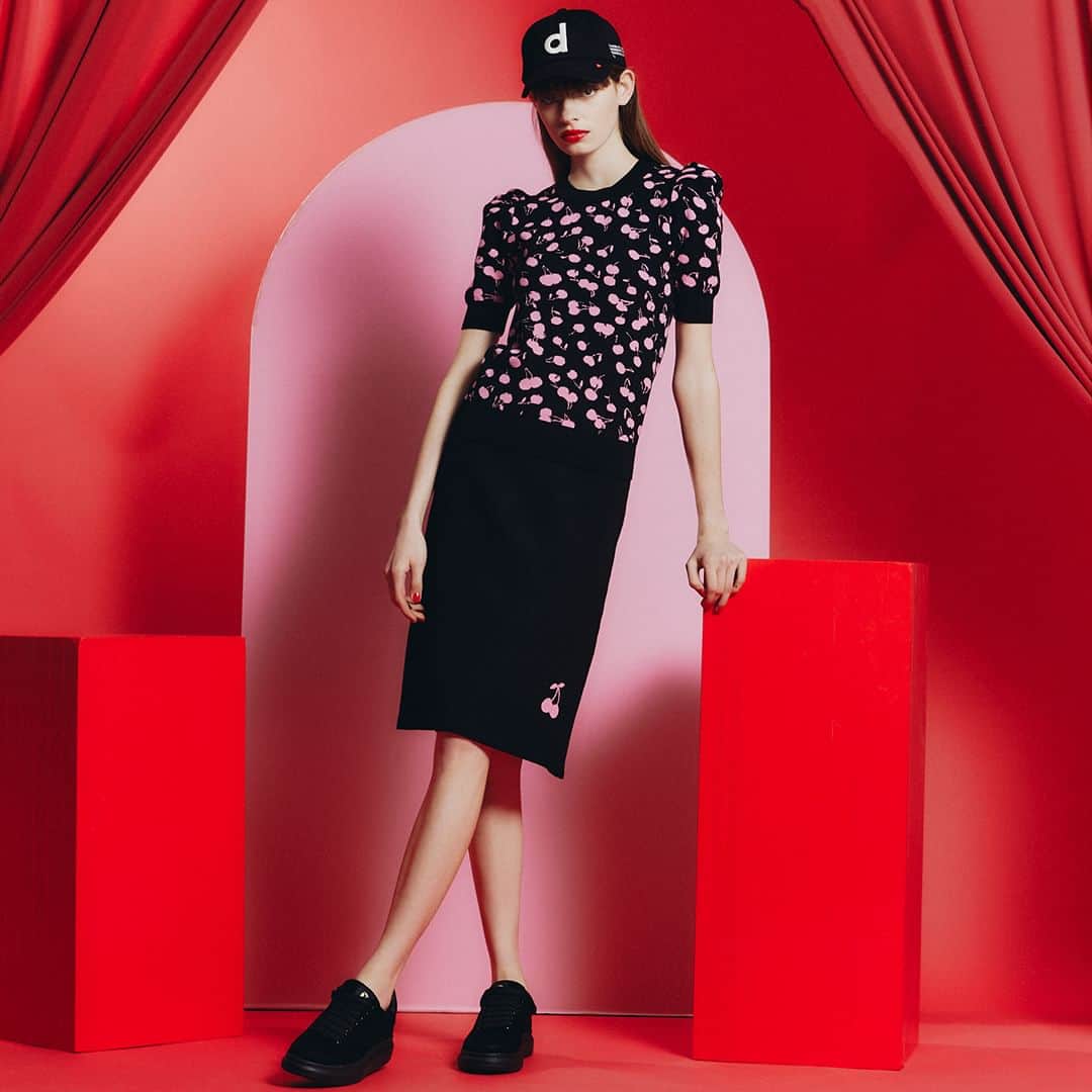 Double Standard Clothingのインスタグラム：「. 《'23 AW COLLECTION PRE ORDER vol.2》 予約受付期間：8.3(Thu) - 8.9(Wed) . [TOPS] DSC / チェリーニットプルオーバー(予約) price. 27,500円(税込) color. ブラック size. 36 / 38 . [BOTTOMS] DSC / チェリーニットミニスカート(予約) price. 26,400円(税込) color. ブラック size. 36 / 38 . お届け予定…9月上旬 ------------------------------------------- #doublestandardclothing #tokyo #DSC #sov #nightstore #2023aw #preorder #fashion #ootd」