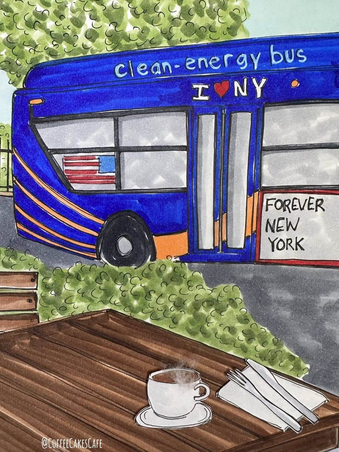 RIASIMのインスタグラム：「Good morning!! Like to join me for coffee at @busstopcafenyc ?! We can literally count all the buses that pass by this cafe! 😆🚌🚌🚌 Take a peek at their handle and tell me what you’d like me to order for you! 😉Hope you’re having a good week!! See you soon! 😁 . . . . . . . . #westvillage #westvillagelife #westvillagenyc #westvillageeats #westvillageny #westvillagenewyork #cornersofnewyork #mta #summerinnyc #made_in_ny #stopmotion #coffeecakescafe」