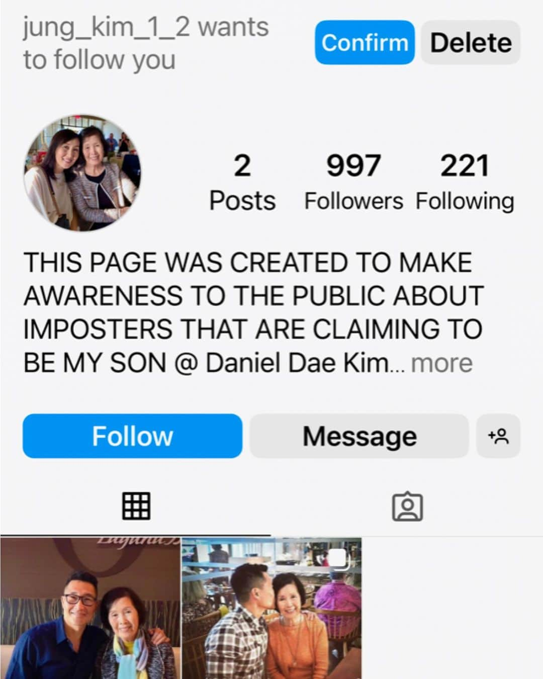 ダニエル・デイ・キムのインスタグラム：「These accounts get sneakier and sneakier. First they pretend to be me, then they pretend to be my managers, now they pretend to be my parents??? These frauds solicit money, or worse, and no matter how many times I alert @instagram, they seem to stay active. Please don’t be fooled.  This is my ONLY account. No one affiliated with me will ever have one that “represents”me in any way. If you’re ever contacted by them, please don’t respond, just block and report. Thank you, and to anyone who’s been fooled, many apologies. 😔」