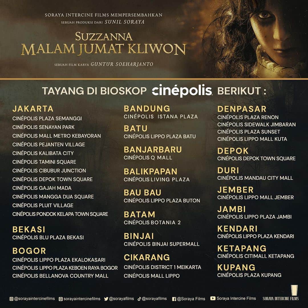 ルナ・マヤのインスタグラム：「Mulai HARI INI! Suzzanna Malam Jumat Kliwon juga tayang di bioskop-bioskop berikut ini🫶  Jangan lupa nonton ya! Jadilah saksi kebangkitan SUZZANNA🖤」