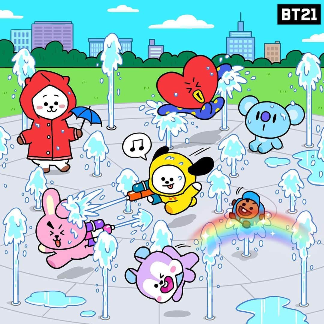 BT21 Stars of tomorrow, UNIVERSTAR!のインスタグラム：「BT21 way of enjoying fun time!😆⛲️ How do you play with your friends?! @@ tag ’em 🎶  #BT21 #besties #friends #playtime #exciting #cool #outdoors #waterfountain」