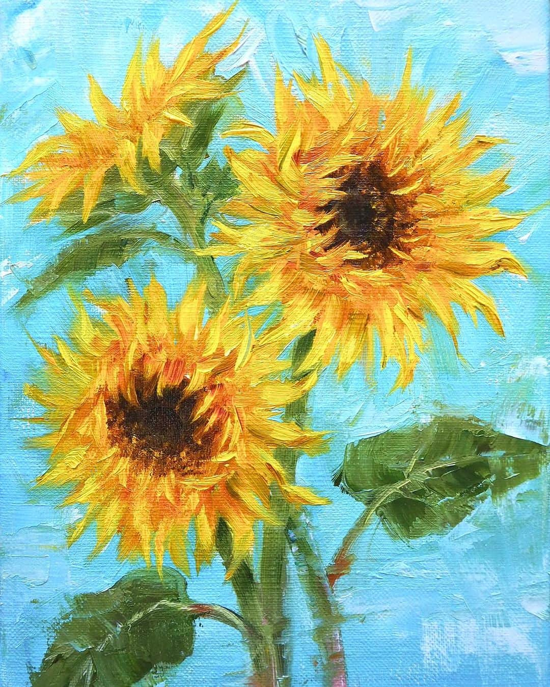 古賀陽子のインスタグラム：「THE夏☀️  SM号(227x158mm)  #向日葵 #ヒマワリ #ひまわり #sunflowers #油絵 #絵のある暮らし #静物画 #アーティスト #stilllife #japaneseartist #oilpainting」