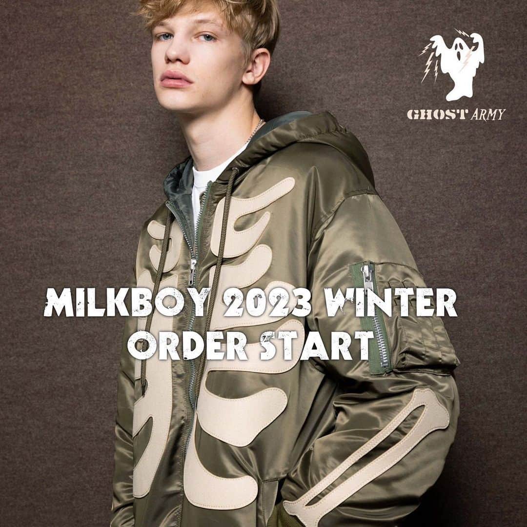 ミルクボーイのインスタグラム：「MILKBOY 2023 WINTER COLLECTION  🪖🦴⚡️🪖🦴⚡️🪖🦴⚡️  明日8/4(金)より、店頭にて2023 WINTER COLLELTIONの公開がスタートします。 同時にご予約、入荷連絡も受付開始となりますので、この機会にぜひご利用ください。  #milkboy」