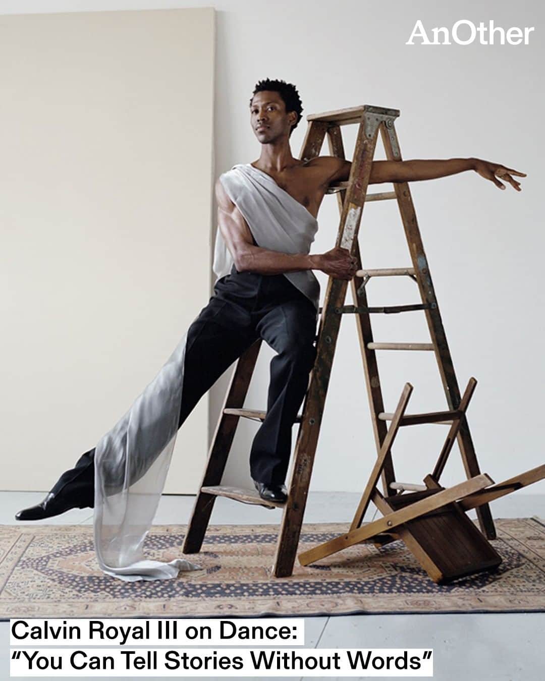 AnOther Magazineのインスタグラム：「The US ballet dancer @calvinroyaliii on the enduring influence of his mother 🩰  "As children, whatever my brother and I wanted to do she [my mother] championed," Royal tells @sagalamo.  "Whether it was sports or art her first response to our ideas was always, ‘When and where?’ It made me feel seen and gave me the courage and confidence to become a professional dancer."  This story is taken from the Spring/Summer 2023 issue of AnOther Magazine 📲  Hair: @adamszabohair at @frankreps using @randco  Make-up: @ingemakeup using @chanel.beauty Set design: @liannexcalvo  Photographic assistant: @culture_industry Styling assistants: Melina Frangos, Terrence Munn and Hamza Saeedia Tailor: Yana Graham Scanning: @boroughphoto」