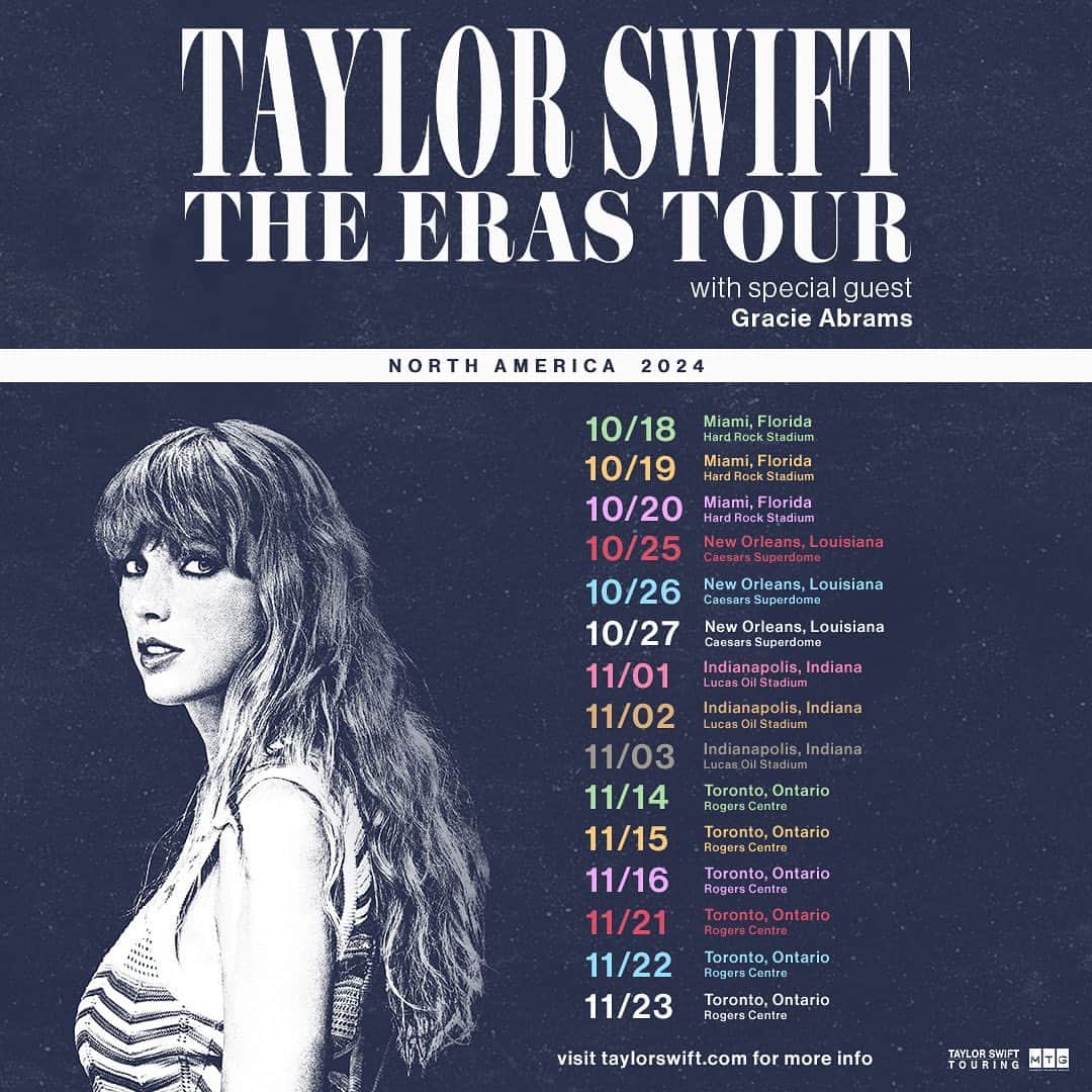 のインスタグラム：「Turns out it’s NOT the end of an era 😝 Miami, New Orleans, Indy and Toronto: The Eras Tour is coming to you in 2024 with @gracieabrams! Verified fan registration for all shows is open now - visit TaylorSwift.com for more information」