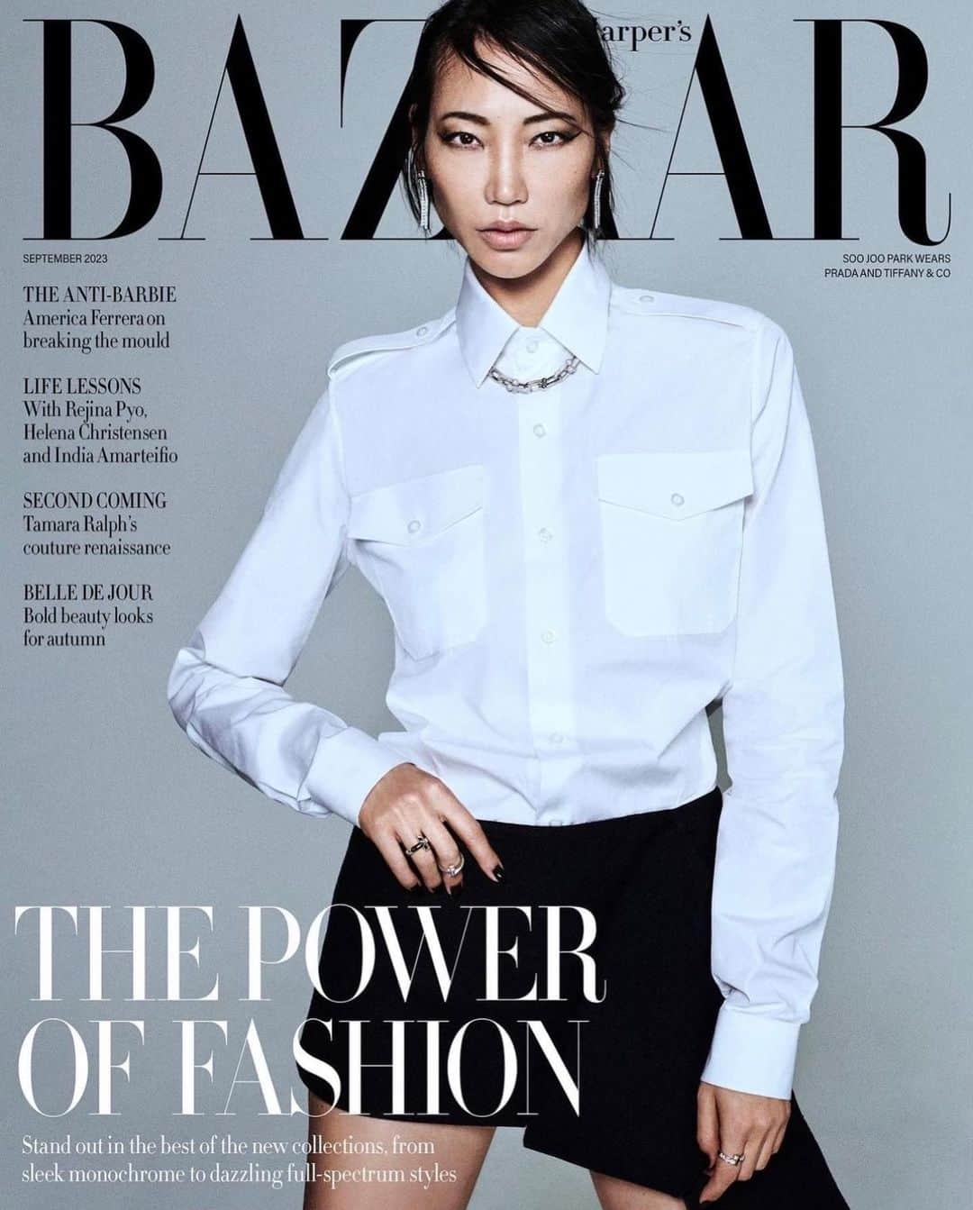 パク ・スジュのインスタグラム：「🇬🇧 @BAZAARUK 🇬🇧 September 2023 cover  @bazaaruk ‘The Power Of Fashion’ Photography @boo_george_studio Stylist @cathykasterine EIC @lydiasmag Creative Director @tom_houseofusher Fashion Director @avrilmair Hair @mr.hiroshi.matsushita Make-up @natsumi_narita Nails @amistreets Acting Bookings Director @jeslucy Fashion Assistant @crystallecox @stormmodels  Had a wonderful day working with you ❤️」