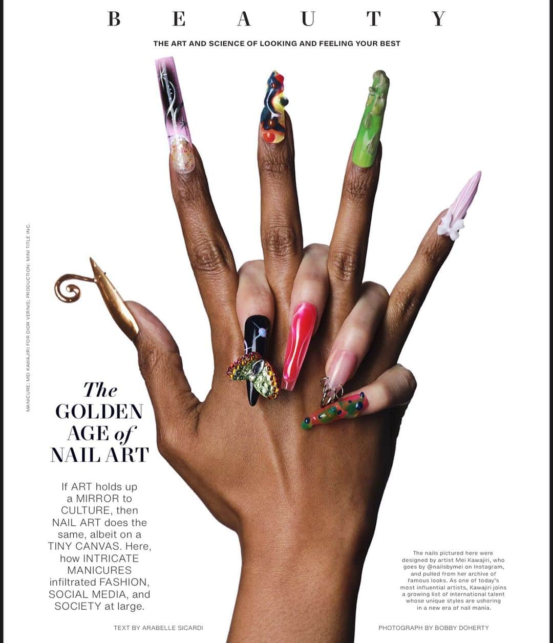 Mei Kawajiriのインスタグラム：「Thank you @harpersbazaarus 💚💙💅 to having me for this article and shoot 🩵🙏💚💓 text by @arabellesicardi , photo by @blobbybloherty / nail assistant by @linhtrinh_nails」