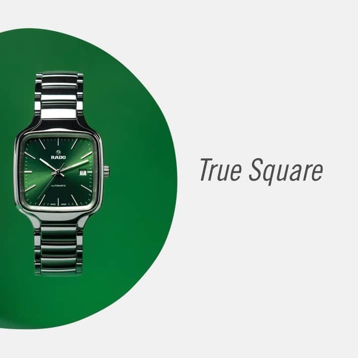 ラドーのインスタグラム：「Rado’s iconic square design, in green.  The plasma high-tech ceramic case and bracelet make the True Square lightweight, scratch-resistant, and comfortable. Adding to the elegance of this timepiece is the exquisite green dial.  #Rado #RadoTrueSquare #CeramicWatch #Feelit」