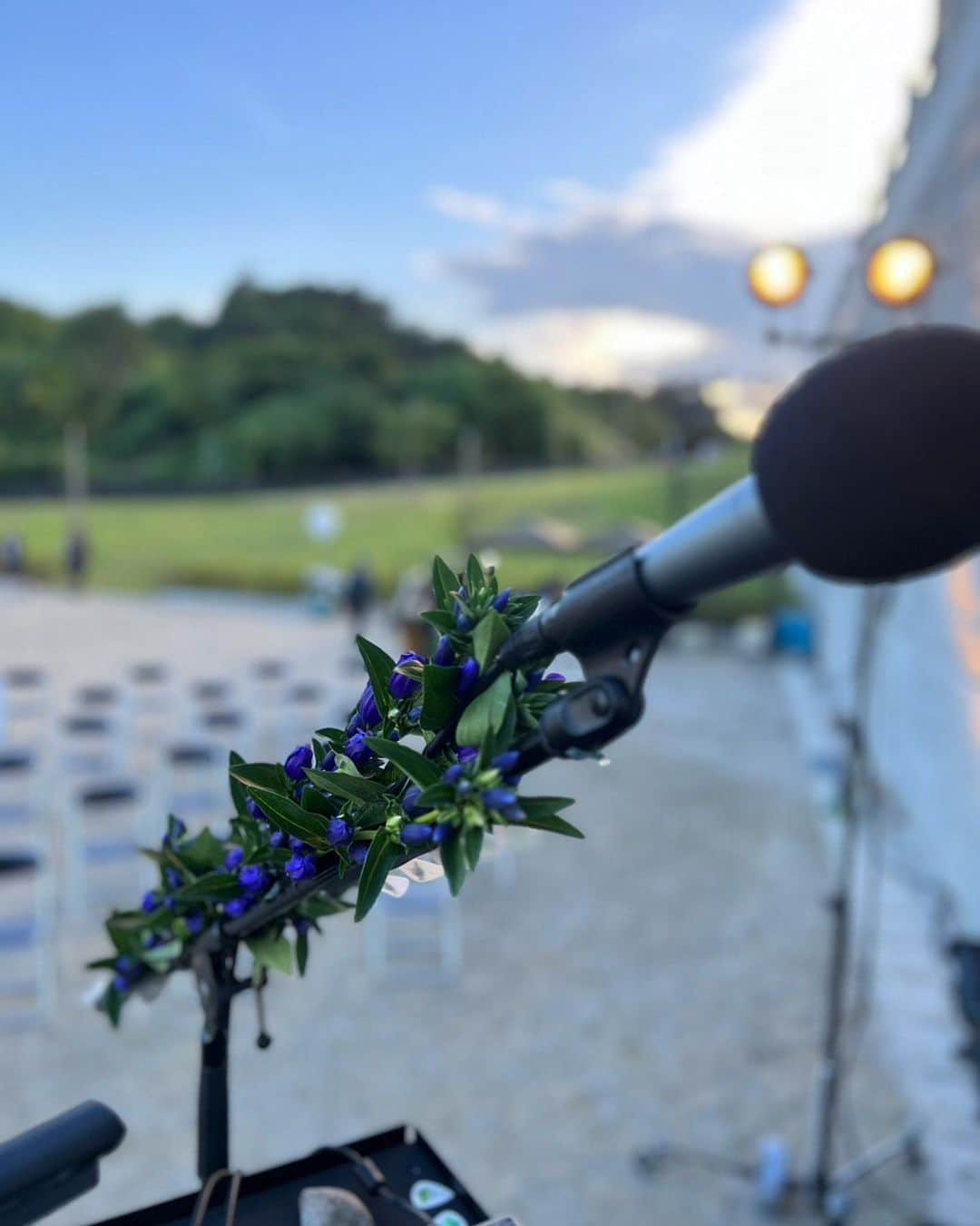 後藤正文のインスタグラム：「富岡駅で買ったリンドウの花をマイクスタンドに飾りました。銀河鉄道にも出てくるリンドウ。とても綺麗。 古川日出男さんとの即興セッション。富岡駅近くの公園にて。  #常磐線舞台芸術祭2023 #富岡 #福島」