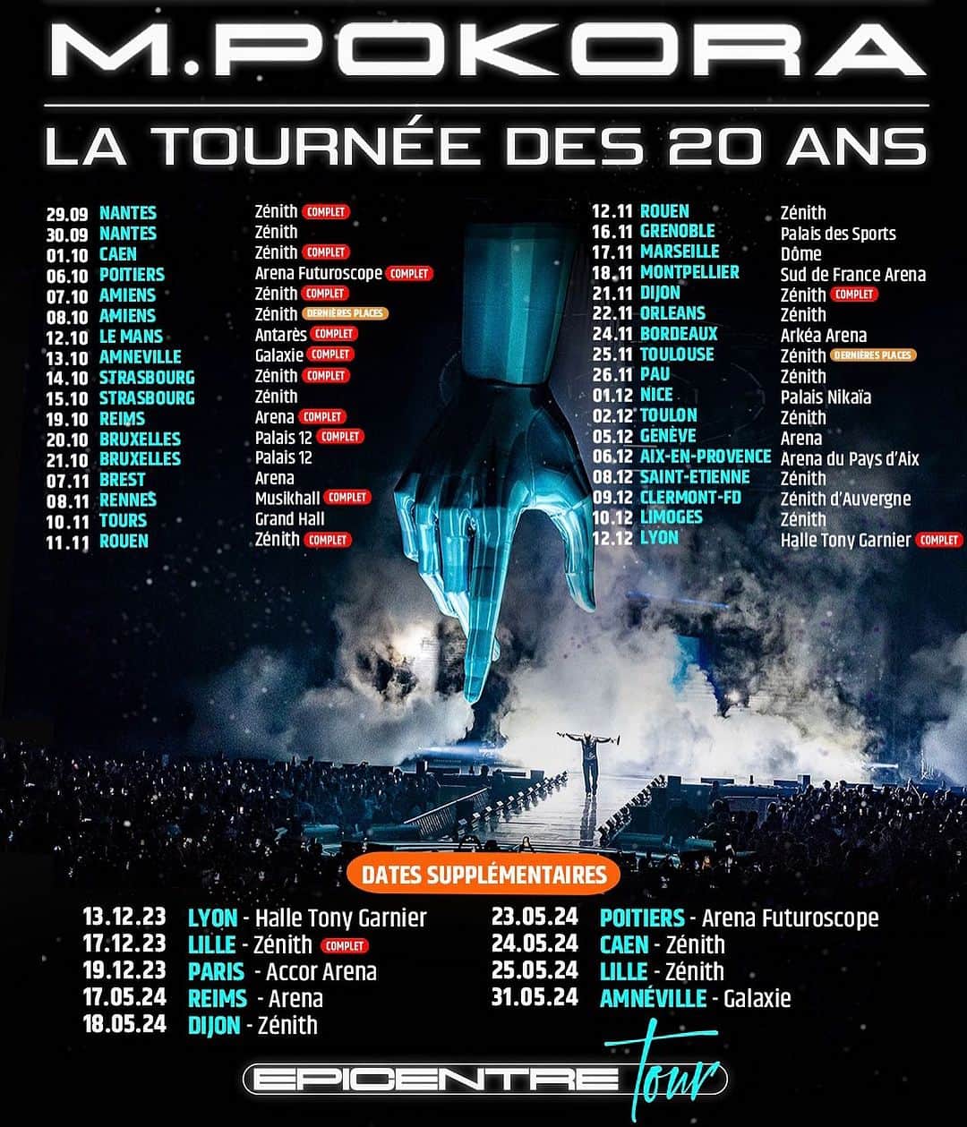 エム・ポコラのインスタグラム：「De nouvelles dates affichent COMPLET pour cet automne alors MERCI pour cet engouement, encore une fois! 🙏🏼🫶🏼  Ne trainez pas si vous voulez vous rattraper sur les dates supplémentaires ! #EpicentreTour #latournéedes20ans」