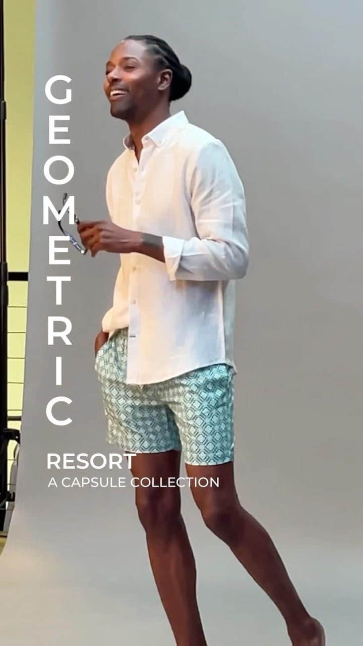 アイクベーハーのインスタグラム：「Bold patterns + vibrant colors make up our RESORT Capsule Collection. Our swim shorts are made with a touch of spandex for the perfect amount of stretch🙌🏻  SHOP THE LOOK: Spa Green Geometric Swim Shorts + Pearl White Long Sleeve Linen Sport Shirt」