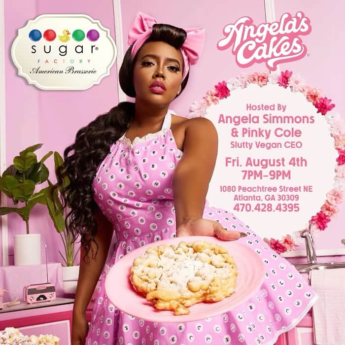 Angela Simmonsのインスタグラム：「Launch Alert! Come Celebrate with us this weekend starting tomorrow! Be sure to make your reservation and book a table @thesugarfactory and experience Angela’s Cakes!   We are bringing our signature vegan funnel cakes to a few lucky Sugar Factory spots! Swipe to see locations @thesugarfactory @sugarfactoryatlanta @sugarfactorymiamibeach @sugarfactorytimesquare   #AngelaSimmons #VeganFunnelCake #Angelascakes #eatangelascakes #sugarfactory」