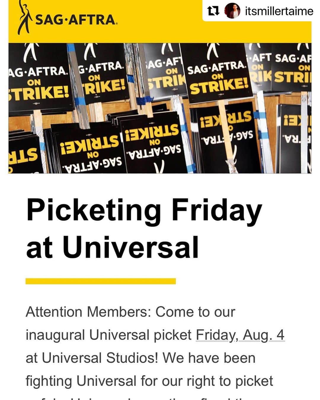 テイト・エリントンのインスタグラム：「See you tomorrow! #sagaftra #sagaftrastrike #sagaftrastrong #union」