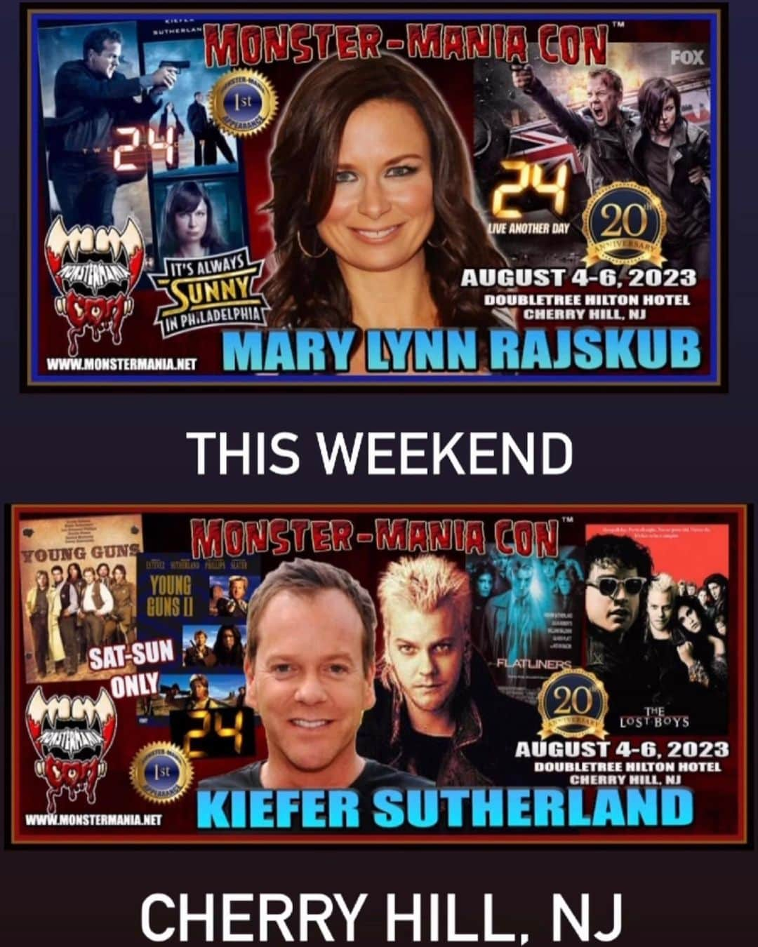 メアリー・リン・ライスカブのインスタグラム：「This weekend @kiefersutherland and I will be here CHERRY HILL NJ LINK IN BIO #24 #jackbauer #chloeobrian #ctu #autograph #actor #signing #monstermaniacon」