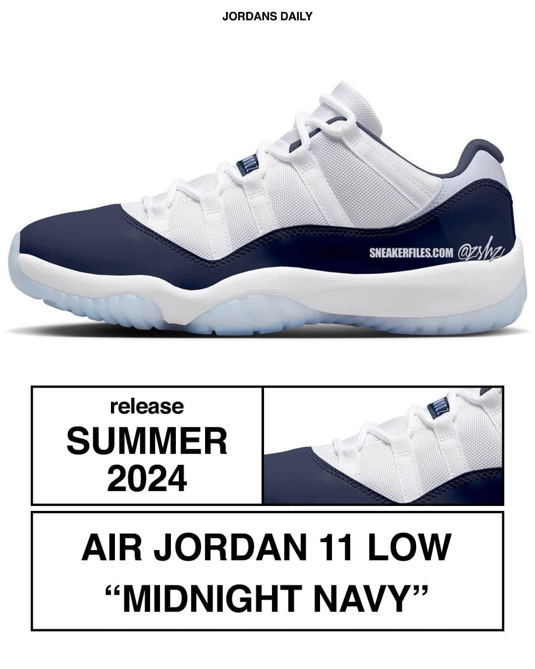 Sneaker News x Jordans Dailyさんのインスタグラム写真 - (Sneaker News x Jordans DailyInstagram)「The Air Jordan 11 Low dresses up in "Midnight Navy" for Summer 2024. Are these a COP or a PASS!?⁠ ⁠ -⁠ Color: White/Midnight Navy/Diffused Blue/Football Grey⁠ Retail Price: $190 USD⁠ LINK IN BIO for more info 📝」8月4日 6時00分 - jordansdaily