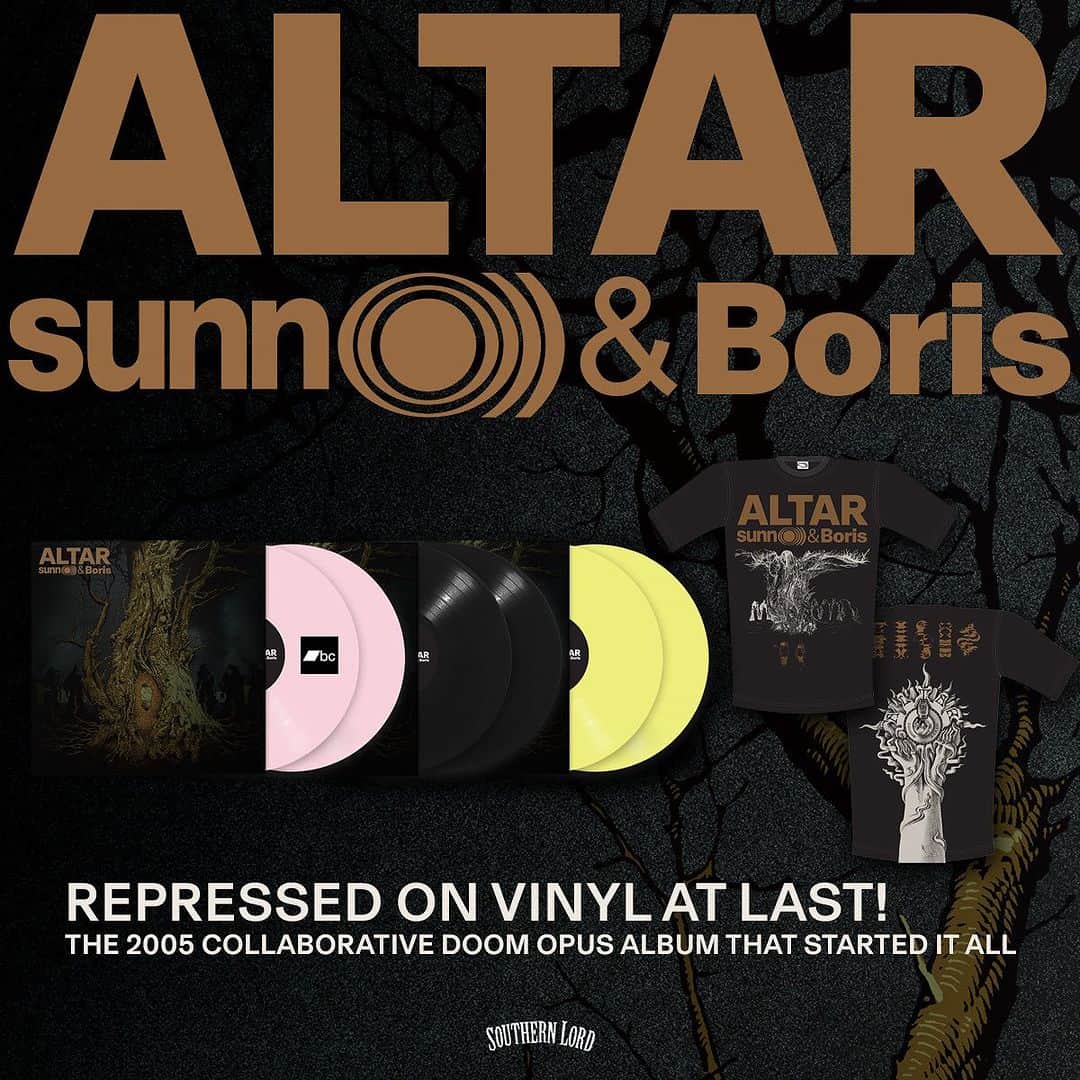 BORISさんのインスタグラム写真 - (BORISInstagram)「sunn O)))/Boris-"Altar" 2xLP w/ Thick tip-on style jacket 🙏🖤🙏  sunn.bandcamp.com/album/altar-3  Out of print for over 15 years, Altar finally returns on double vinyl!! The album is a collaboration between experimental music groups Boris and Sunn O))), originally released on October 31, 2006 through Southern Lord Records. In addition to the main groups: Sunn O))) and Boris, Altar also boasts an extensive roster of guest musicians/collaborators such as Dylan Carlson Kim Thayil (Soundgarden), Joe Preston (Earth, Thrones, Melvins, High on Fire), Phil Wandescher, Bill Herzog and Jesse Sykes (all of Jesse Sykes and the Sweet Hereafter) as well as long time Sunn O))) collaborators TOS Niewenhuizen and Rex Ritter.  Greg Anderson of sunn O))) comments, “We had a lot of fun making Altar— we transcended all barriers and boundaries to create our own sonic language that still strongly resonates. It was incredibly adventurous for us at that point in time. We played in the moment without a preconceived direction then arrived at a beautifully heavy place together.” He continues, “Altar is a monumental documentation of some early experiments with collaboration. We learned a lot from working with Boris and engineer/producer: Randall Dunn as well as Bill Herzog, Jesse Sykes, Joe Preston etc. We definitely carried those ideas and spirit into recordings that followed Altar.”  Available on Limited edition (500 pressed) PINK VINYL (bandcamp exclusive), Black Vinyl (via sunn store and Southern Lord Stores), (500 pressed) Yellow Vinyl (sunn store), and (500 pressed) Orange Vinyl (EU store exclusive)  (contains 16-page libretto and 18”x24” full color poster of sunn O))) & Boris) liner notes by Kim Thayil (Soundgarden guitar guru)  Tracklist:  A: Etna B1: N.LT. B2: The Sinking Belle (Blue Sheep) (featuring Jesse Sykes on vocals) C1: Akuma No Uta C2: Fried Eagle Mind D: Blood Swamp  ***In celebration of this momentous occasion the "Altar" album digital download is available for $1/PAY MORE IF YOU WANT through bandcamp Friday! @borisdronevil @sunn.boris.earth_collection @sweethereaftermusic @hmdukedesign@southernlordrecordingseurope @bestialwalrus @soundgarden #kimthayil」8月4日 16時27分 - borisdronevil