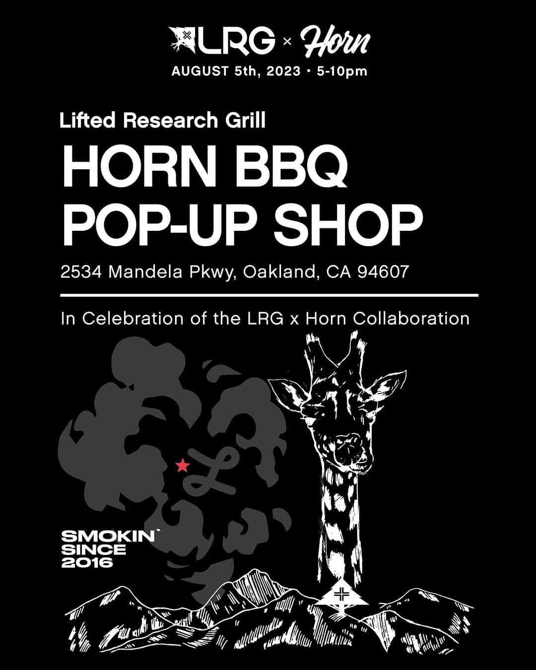 エルアールジーのインスタグラム：「LRG x @hornbarbecue  POP-UP SHOP with Chef @matthornx | Saturday Aug.5th | 5-10pm  2534 Mandela Pkwy, Oakland  🌲🐂 #lrgclothing #hornbbq」