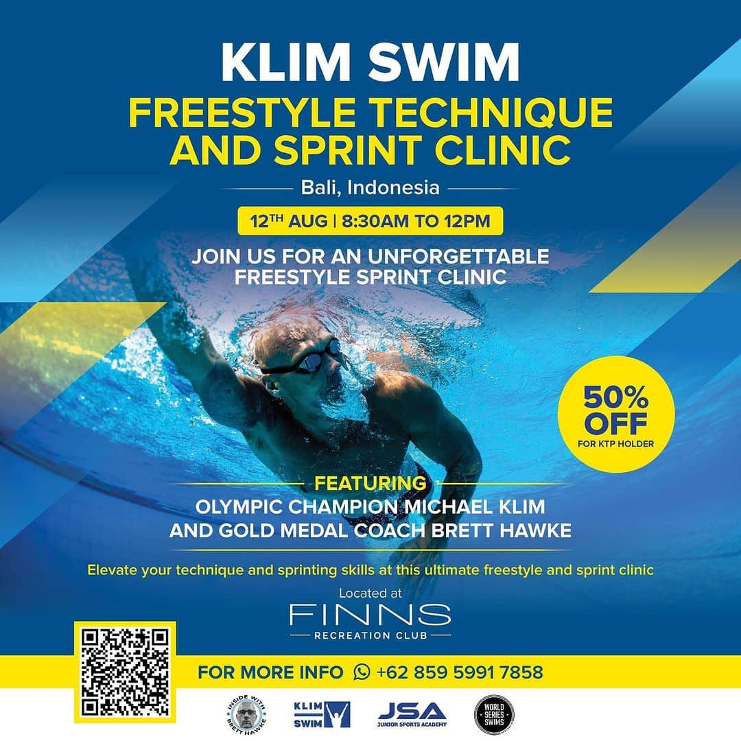 マイケル・クリムのインスタグラム：「In just peer a week @hawkebr and I will unite in Bali to kick off a series of @klimswim Freestyle Sprint Clinics. Evaluate your sprinting with us. All dates and locations featured in my bio! @finnsrecclub @jsa_bali #swimming #bali #clinic」