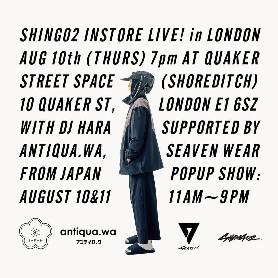 Shing02のインスタグラム：「Shing02 instore live in London🇬🇧 Aug 10th (thurs) 7pm at Quaker Street Space 10 Quaker St, Shoreditch, London E1 6SZ w/ DJ Hara @t____hara  supported by @antiqua__official @seaven.wear Popup show: ・Aug4-9 The Old Laundrette, 67 Moscow Road, Bayswater, London W2 4JS 11am to 7pm ・Aug 10&11 Quaker Street Space 11am to 9pm」