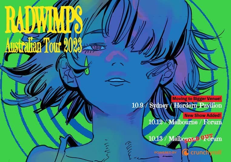 RADWIMPSのインスタグラム：「With Sydney and Melbourne ticket all SOLD OUT, to accomodate the demand, Sydney venue upgrade and new show on Oct. 12th in Melbourne are confirmed! Ticket presale to start from Aug. 8th!  October 9 / Sydney / Hordern Pavilion October 12 / Melbourne / Forum October 13 / Melbourne / Forum  ▼RADWIMPS Australian Tour 2023  https://radwimps.jp/en/live/14559/  RADWIMPS Australian Tour 2023 、10/9のSydney公演と10/13のMelbourne公演のSOLD OUTを受け、Sydney公演の会場変更と10/12にMelbourne公演同会場での追加公演が決定しました！ 8/8よりチケットの追加発売を行います！  https://radwimps.jp/live/14558/  #RAD_AUSTRALIANtour2023」