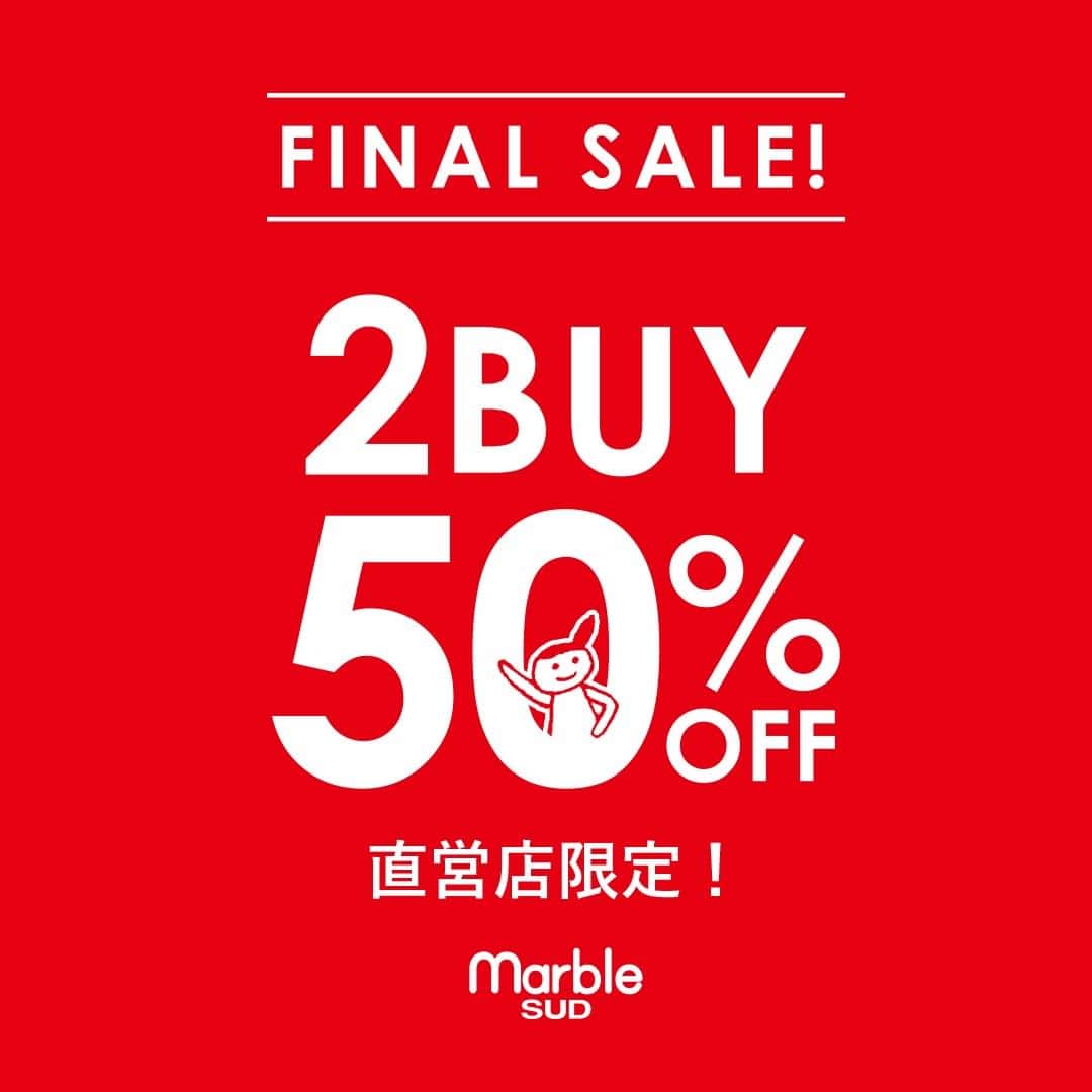 marbleSUD(マーブルシュッド) のインスタグラム：「【直営店限定】FINAL SALEを開催いたします✨SALEアイテム2点以上のお買い上げで、30％OFFのSALEアイテムがなんとすべて50％OFFに！人気の刺繍アイテムをはじめ、総柄にベーシックまで、今すぐ着られるアイテムをお得にゲットするラストチャンスをお見逃しなくっ👀」