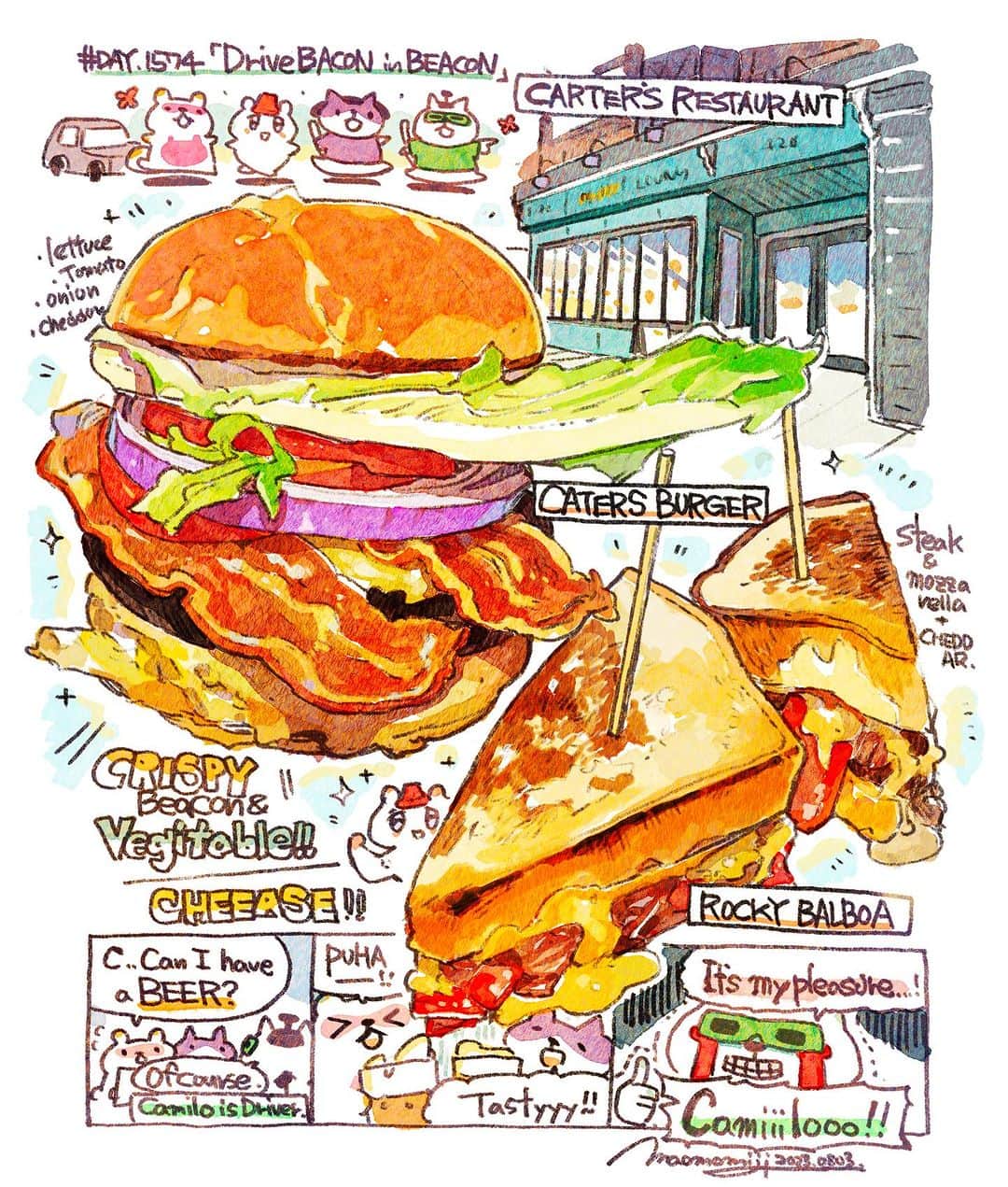 もみじ真魚さんのインスタグラム写真 - (もみじ真魚Instagram)「『#DAY1573/「Drive bacon in Beacon」』  もみじ真魚/MaoMomiji 2023年8月3日 22:21  Road Trip #2: Lunch.  After the Storm King Art Center, I was hungry and headed to Beacon, a regional city in New York City, for lunch. What? Bacon? Beacon? (spelled slightly differently) The bacon I had there was delicious!  I couldn't resist ordering a beer, sorry Camilo.  「ドライブ旅その2はランチ編」  ストームキングアートセンターの後は小腹が空いたのでランチへニューヨークの地方都市ビーコンへ。ん？ベーコン？ビーコン？（スペルが微妙に違う）そこで食べたベーコンの美味しさったら！  たまらずビール頼んじゃった、カミーロごめんよ。  #日刊ごはんが好き #foodie #foodieart #dailyilovefood  #毎日更新 #foodillustration #fooddrawing #もみじ真魚 #maomomiji #飯テロ #美食 #beacon #bacon #burger #cheese #cartersrestaurant」8月4日 11時30分 - maomomiji