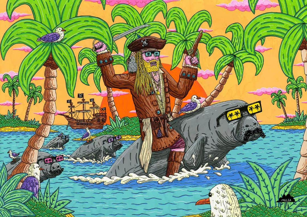 MULGAさんのインスタグラム写真 - (MULGAInstagram)「Had fun painting this one as a surprise 1 year anniversary gift for a US customers swashbuckling spouse.   The story of Slade the Swashbuckling Manatee Marauder  Once there was a pirate known far and wide as Slade the Swashbuckling Manatee Marauder but to his close circle he was known as S-Dog.  He had a real affinity for manatees and the manatee crew in his home town crowned him their king and they went on sweet adventures together.  Like one time they went and raided the Aqua Fortress which was the stronghold of Captain Chelonian the Sea Turtle King. They battled vigorously for 3 and a half days and in the end were victorious and scored heaps of shiny loot.  They went and cashed in their loot and went to Disneyland for like 3 weeks living it up and everything, it was awesome.  The End  #mulgatheartist #pirate #pirateart #piratepainting #manatee #art #artoftheday #arte #drawing #illustrationartist #palmtrees #artist」8月4日 17時14分 - mulgatheartist