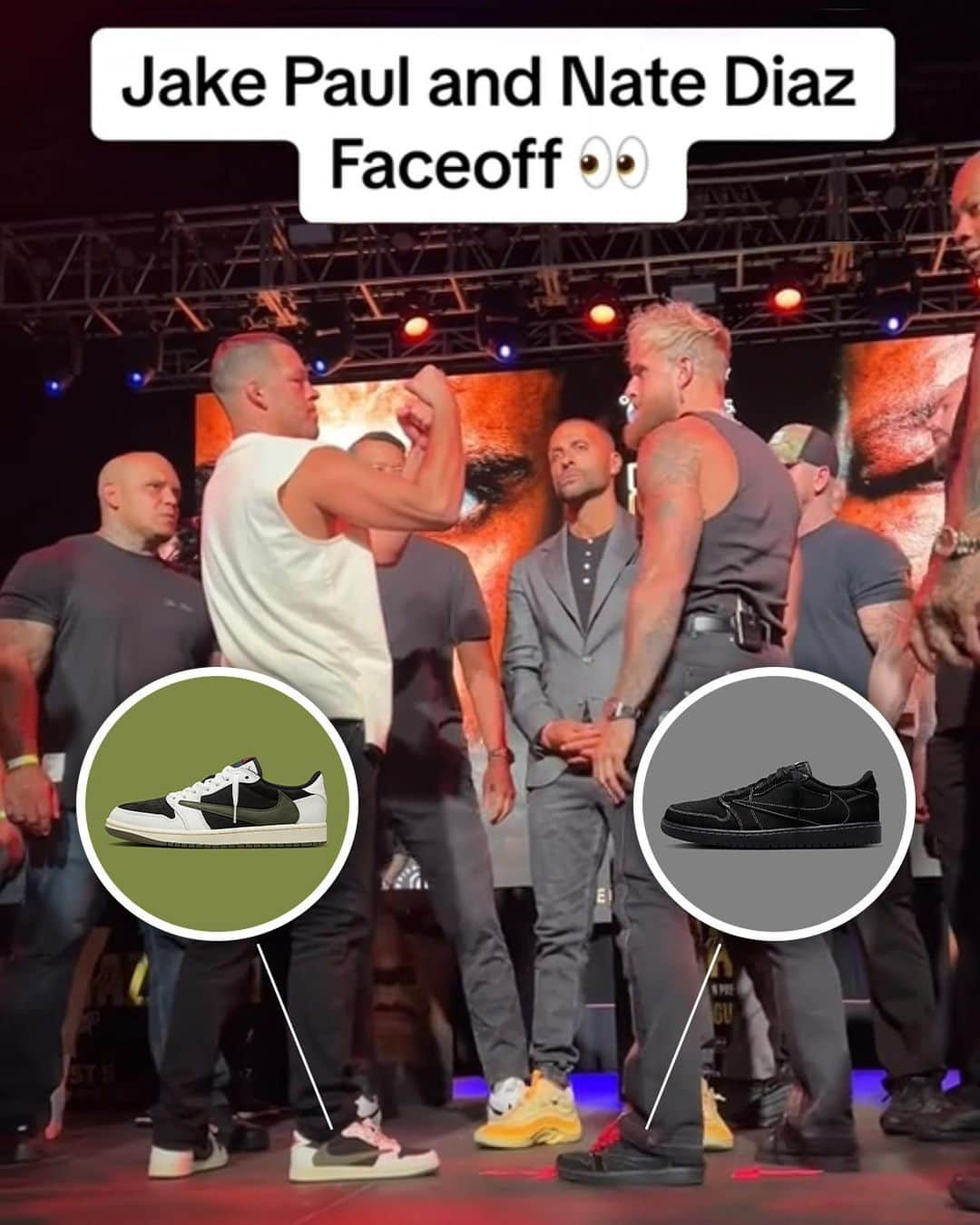 Nice Kicksさんのインスタグラム写真 - (Nice KicksInstagram)「Jake Paul vs. Nate Diaz in the Battle of the Travis Scott x Air Jordan 1 Lows 🥊🔥 Who winning the fight tho? 👀🤔  🎥: @betr / @mmafighting」8月4日 11時52分 - nicekicks