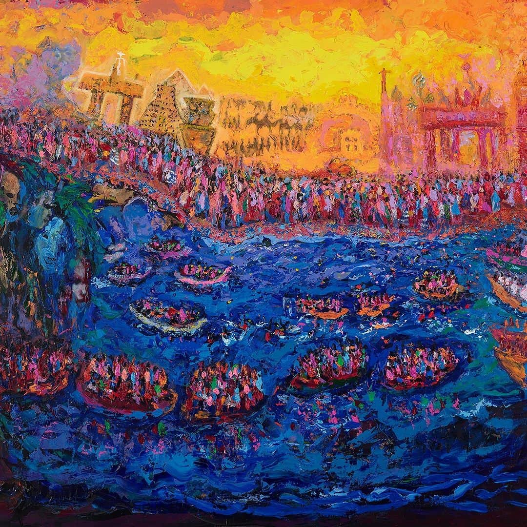 大英博物館のインスタグラム：「Our latest free display – Perilous journeys: reflections on migration – aims to represent the humanity and dignity of migrants globally 🌍  Perilous journeys reflects on the loss of people and culture through the impact of human trafficking and unsafe migration.  It features new works by Enotie Ogbebor (@iamenotie), a multi-disciplinary artist based in Benin City, juxtaposed with a powerful work by Mexican artist Betsabeé Romero (@betsabee_romero), who frequently uses discarded bus tyres as her canvas.   🏛 The Asahi Shimbun Displays ‘Perilous journeys: reflections on migration’ will be on display in Room 3 of the Museum until 24 September.  🔗 Find out more and plan your visit via the link in our bio.  Supported by The Asahi Shimbun  🔎 Enotie, ‘Desperation in Motion’. 2022–2023. Reproduced with kind permission of the artist.  #BritishMuseum #Migration #Exhibition」