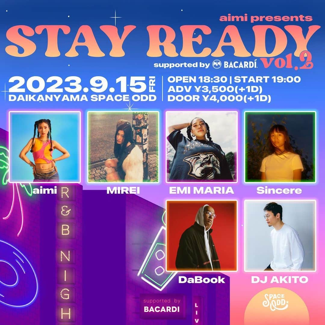 EMI MARIAのインスタグラム：「Live情報📣  2回目のStay Ready出演させていただきます💕🌈🔥あの最高のイベントがまた開催されます🥹是非エネルギー感じに来てください🙌🙌🙌@aimimusicofficial とHow's The Weather?早くやりたいなーー🌸😉  9/15（金） R&Bイベント「aimi presents ‘STAY READY vol.2’  supported by BACARDI」開催決定。 aimi、MIREI(當山みれい)、Sincere、EMI MARIAらが出演  R&Bイベント『STAY READY』が9月15日(金) 代官山Space Oddにてvol.2の開催が決定。熱狂的なR&Bリスナーが会場を埋め尽くした昨年末の初開催からさらにパワーアップして再び開催される。次世代R&BアーティストとDJがパフォーマンス・プレイで盛り上げ、バーではラムブランドBACARDIが提供するドリンクメニュー*が楽しめる、夏の終わりにぴったりな一日限りのR&Bパーティー。 *アルコール以外にソフトドリンク提供もあります  『STAY READY』にはR&Bを愛するリスナー、アーティスト、DJ、一同がひとつの空間に集い体感することでR&Bシーンを盛り上げていきたいという想いが込められている。  ライブアクトにはaimi、MIREI (當山みれい)、EMI MARIA、Sincere、DJはDaBook、DJ AKITOの出演が決定している。  aimiは実力派R&BアーティストEMI MARIA、JASMINEとのコラボシングルを連続リリースし話題となったが、リリース後初の都内ライブとなる。自身初のワンマンツアーを終えたばかりの當山みれいは海外で人気急上昇中の‘MIREI’として初のライブ出演が決定。3月に1st EP「Just Living」からメルカリの10周年キャンペーンCMソングの新曲「Our Way」までリリースラッシュが続くSincere、DJ RYOWやラッパーEASTAの作品に客演参加するなどヒップホップシーンでも注目度が高いEMI MARIAのソロステージにも注目。  チケットぴあにて8月5日(土)10時より前売りチケット予約受付開始となる。  ■前売券予約はこちら http://ticket.pia.jp/pia/event.ds?eventCd=2329834  aimi presents ‘STAY READY vol.2’ supported by BACARDI 日程：2023年9月15日（金） 時間：OPEN 18:30 START 19:00 会場： 代官山Space Odd (東京都渋谷区猿楽町2-11 氷川ビル1F /「JR渋谷駅」西口から徒歩約11分) 料金： 前売 ¥3,500(＋1D) 当日 ¥4,000(＋1D)  出演：aimi / MIREI / EMI MARIA / Sincere / DaBook / DJ AKITO  ■STAY READY イベントの最新情報はこちら https://www.instagram.com/stayready_rnb/  【注意事項】 ※未就学児入場不可 ※発熱、咳きこみ等、体調の優れない方の公演当日のご来場は申し訳ございませんがお控えください。  ※入場時に検温のご協力をお願いいたします。測定の結果、37.5°C 以上の体温がある方はご入場を お断りさせて頂きます。  ※入場時は備え付けの消毒液にて手指消毒のご協力をお願いいたします。 ※店内マスク着用をご協力お願いします。 ※今後感染症が拡大した場合、公演実施のガイドライン、開場・開演時間が変更になる可能性がございます。 予めご了承ください。」