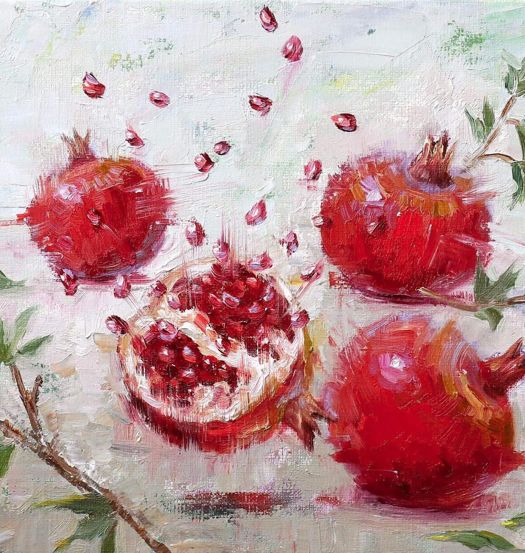 古賀陽子のインスタグラム：「復活を象徴する柘榴。 粒々がルビーのよう✨  F3号(273x220㎝)  #柘榴 #ザクロ #ざくろ #pomegranates #油絵 #絵のある暮らし #静物画 #アーティスト #stilllife #japaneseartist #oilpainting」