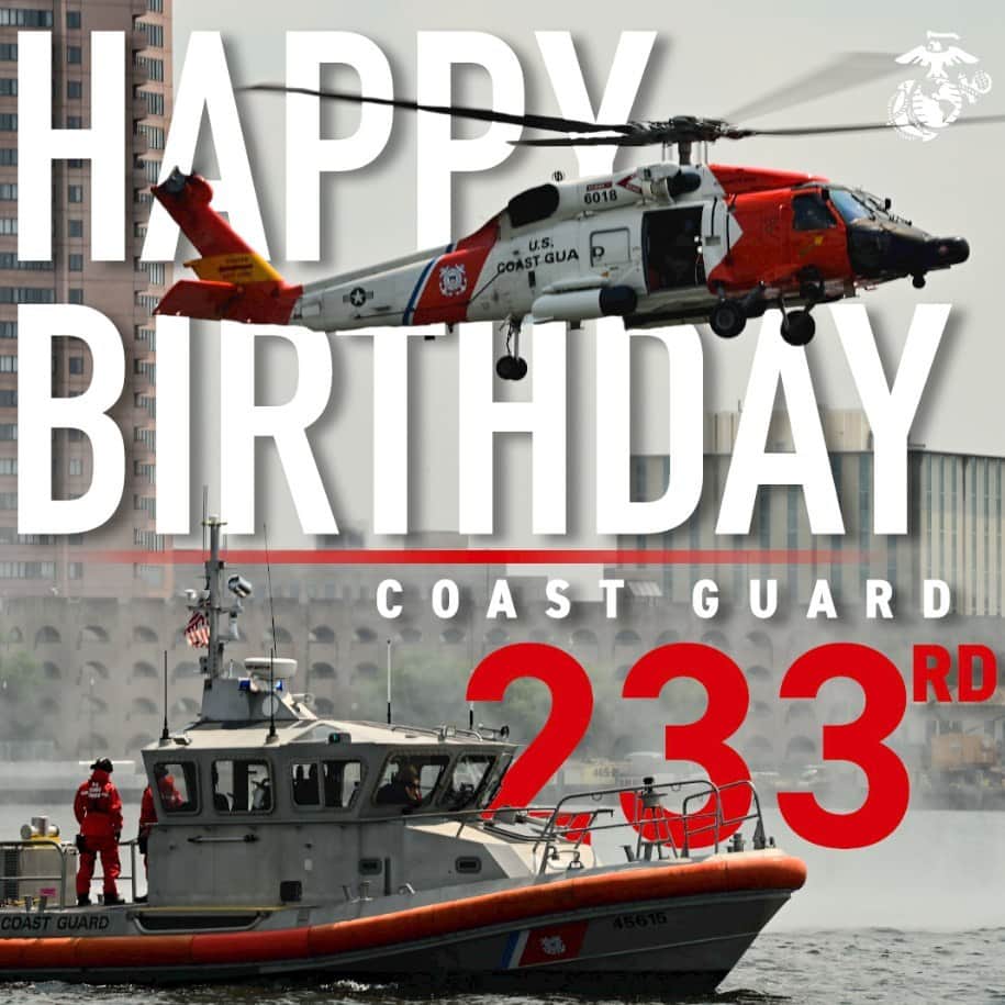 アメリカ海兵隊のインスタグラム：「Happy 233rd Birthday, @USCG!   For more than two centuries, the men and women of the Coast Guard have safeguarded our shores and ensured we are "Always Ready." During World War II, Coast Guard coxswains were some of the most experienced sailors in the Naval Service, piloting amphibious landing craft to transport #Marines from U.S. Navy ships to the shores of every major Pacific invasion in the war.   Today, the Coast Guard remains an integral part of our nation's Joint Force, and a key component to ensuring maritime security and free and open access to maritime resources and waterways.   Semper Paratus.   #USCG #233SemperParatus #CGBirthday」
