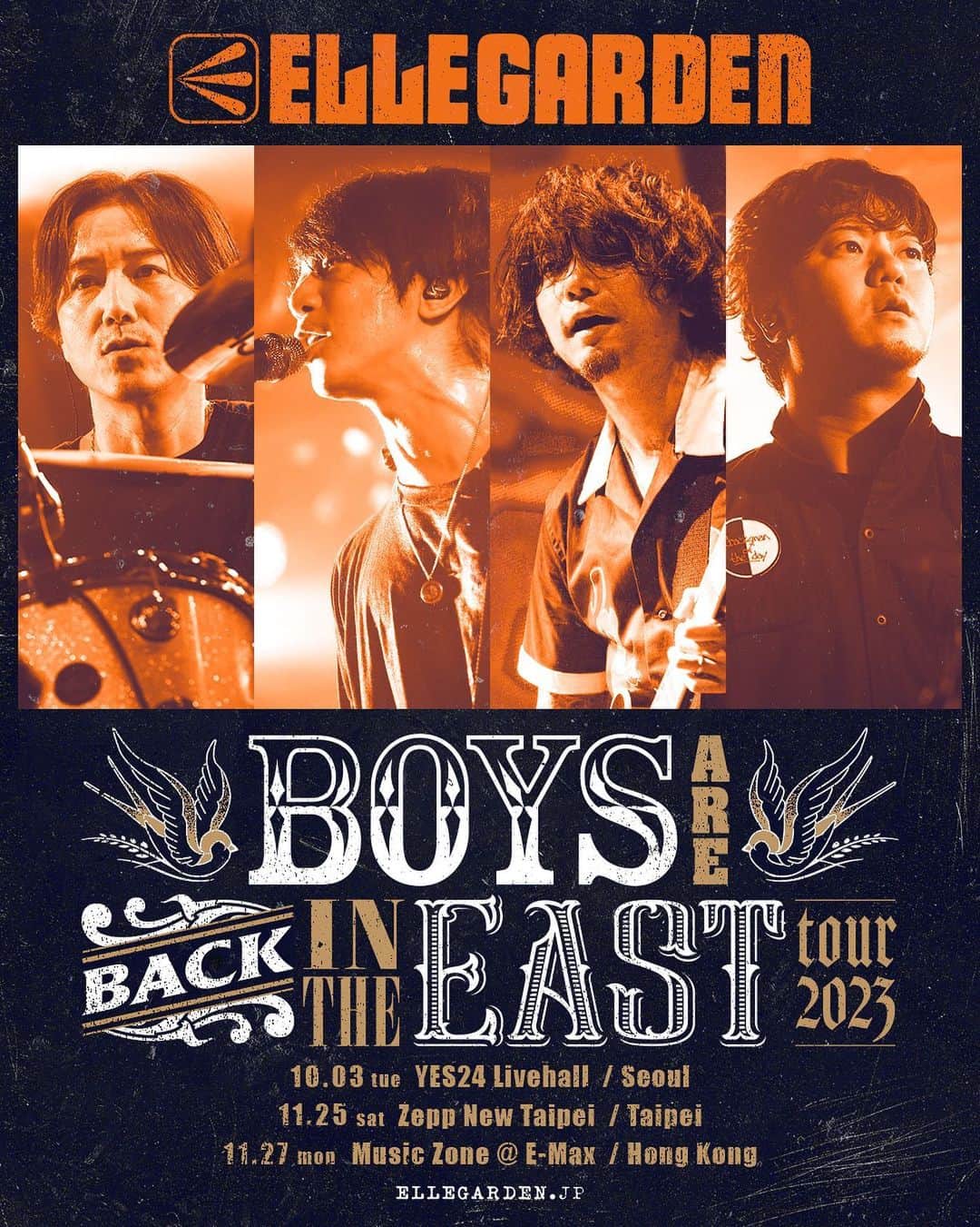 ELLEGARDENのインスタグラム：「⁡ Asia Tour 「Boys are Back in the East Tour 2023」開催決定！ ⁡ ▼公演スケジュール 10/03 (Tue) ソウル YES24 Livehall 11/25 (Sat) 台北 Zepp New Taipei 11/27 (Mon) 香港 Music Zone @ E-Max ⁡ チケット販売スケジュールなど、その他詳細は後日発表いたします。 ⁡ ▼問い合わせ先 ソウル公演：THE VAULT  https://www.instagram.com/thevault.co.kr @thevault.co.kr   ⁡ 台北公演：大鴻藝術 BIGART https://www.facebook.com/bigart.tw @bigart.staff   ⁡ 香港公演：Clockenflap https://www.instagram.com/clockenflap/ @clockenflap   ⁡ ーーーーーーーーーーーーーーーーーーーー ⁡ Asia Tour "Boys are Back in the East Tour 2023" Confirmed!! ⁡ ▼Schedule 10/03 (Tue) Seoul - YES24 Livehall 11/25 (Sat) Taipei - Zepp New Taipei 11/27 (Mon) Hong Kong - Music Zone @ E-Max ⁡ Look out for ticketing details coming soon. ⁡ ▼Info Seoul：THE VAULT https://www.instagram.com/thevault.co.kr @thevault.co.kr  　 Taipei：大鴻藝術 BIGART https://www.facebook.com/bigart.tw @bigart.staff  　 Hong Kong：Clockenflap https://www.instagram.com/clockenflap/ @clockenflap   #ELLEGARDEN  #BoysareBackintheEastTour2023」