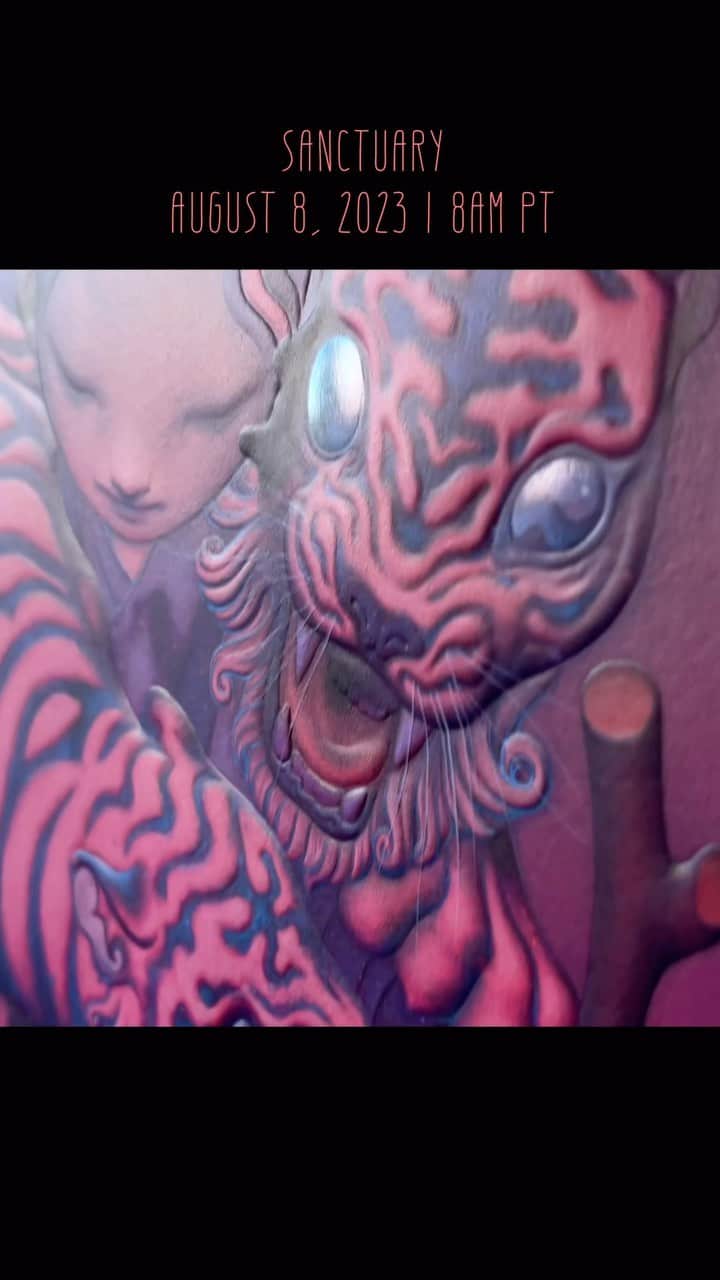 ジェームス・ジーンのインスタグラム：「The two tigers emerge from the traveler’s robe. In perpetual motion, the tigers playfully struggle to achieve balance. Forever connected, the twin tigers embody the duality of nature while also protecting the traveler on his long journey to safety. Sanctuary features a dimensional and intricate framing element that is carefully integrated into the sculpted image, transforming the print edition into a new work evolved from the original painting.  Sanctuary is a signed and numbered time-limited edition of giclée prints. The edition will be available for 24 hours starting at 8:00 AM PT on Tuesday, August 8 and ending at 7:59 AM PT on Wednesday, August 9. The edition is limited by the number of prints sold during those 24 hours and never reprinted. @jamesjeanstore」