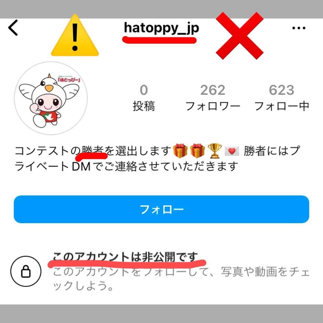 平和堂イメージキャラクター「はとっぴー」さんのインスタグラム写真 - (平和堂イメージキャラクター「はとっぴー」Instagram)「このアカウント弊社とは一切関係ありません。 絶対にフォローしないでください。 なりすましとして通報しました。  なりすましアカウント @hatoppy_jp ❌  他にも類似のもがございますが、 @hatoppy以外は偽アカウントです。ご注意ください。」8月5日 0時15分 - hatoppy