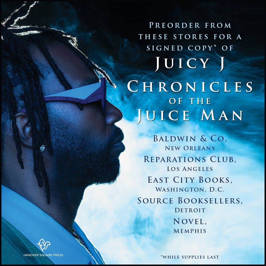 ジューシー・Jのインスタグラム：「You can order limited edition signed copies of "Chronicles of the Juice Man" from these stores!!! Get them while you can!!!  @baldwinandcompany  @reparations.club  @sourcebooksellers  @novelmemphis  @eastcitybookshop」