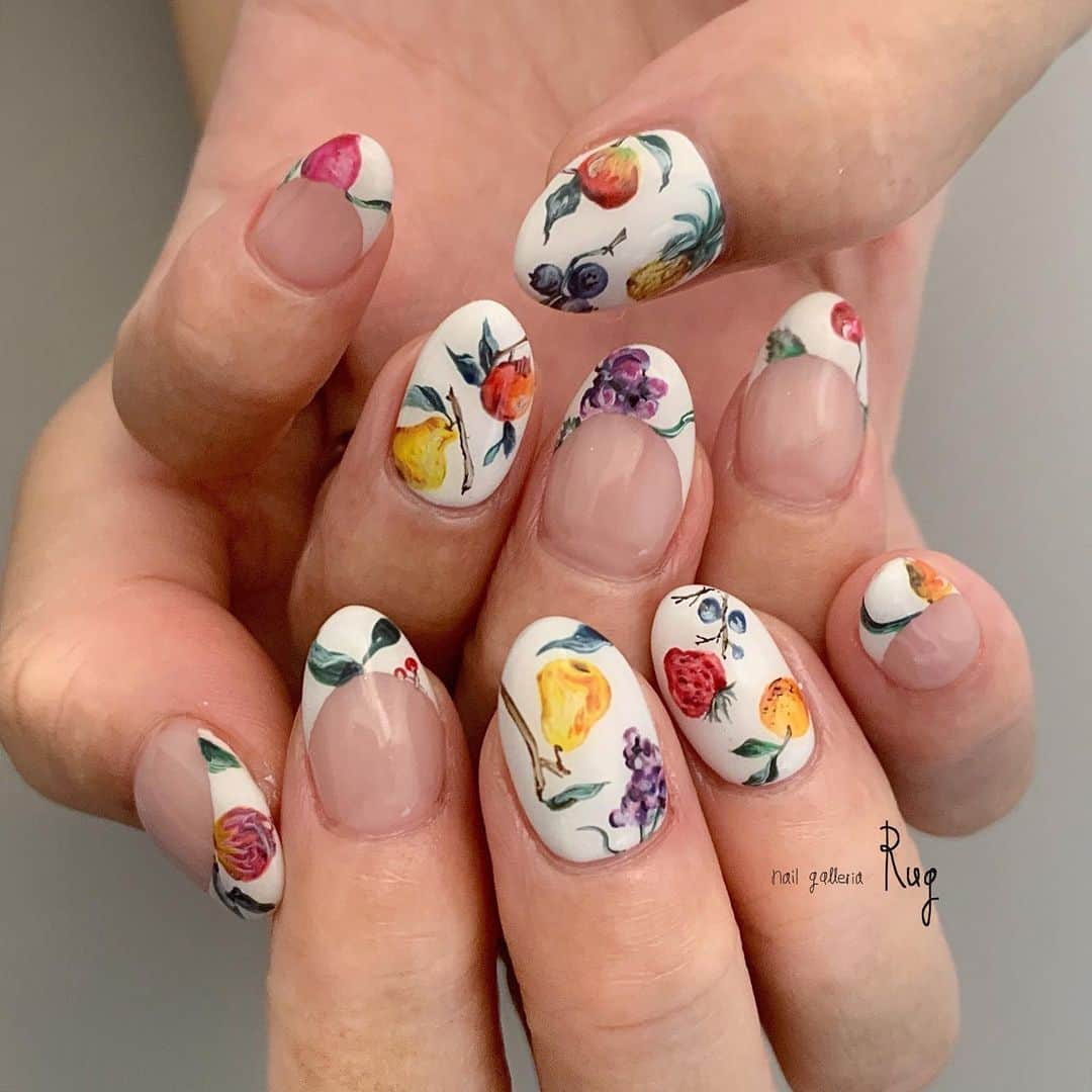 aoki_nailさんのインスタグラム写真 - (aoki_nailInstagram)「・ Botanical fruits  指先がめっちゃ 夏満喫してるー☀️笑  いつもありがとうございます✨  ・ ・ ・  nailgalleria  Rug〈ラグ〉 大阪市北区中崎西2-6-3 ペイントD #rugペイントD #絵画ネイル#水彩画ネイル#油絵ネイル#黄色ネイル #絵画ネイル #油絵ネイル #手描きアート#手描きデザイン#手描きネイル#アート#アートネイル #instanail#ブライダルネイル#イラストネイル #一輪花ネイル#ボタニカルネイル」8月5日 0時41分 - aoki_nail