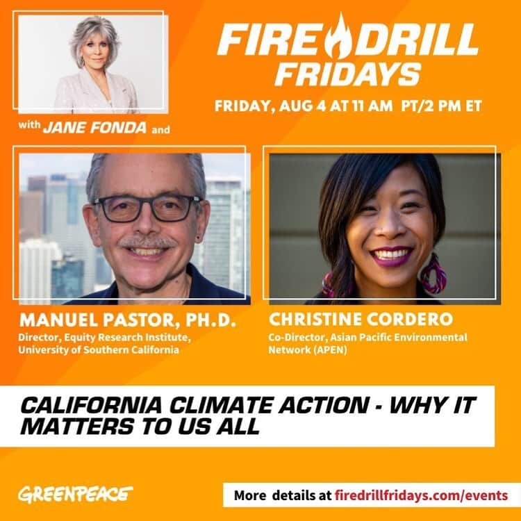 ジェーン・フォンダのインスタグラム：「Repost from @firedrillfriday • Firefighters, we’re LIVE Friday, August 4 at 11am PT / 2pm ET with a discussion about why the future of our climate – and politics – may lie with California. And we are excited to announce a second guest, Christine Cordero!⁣ ✨⁣ Raised by a Filipino immigrant family in the working class town of Pittsburg, CA, Christine Cordero acts from the deep belief that we are stronger together and can go farther together than we ever could alone. She is Co-Director of the Asian Pacific Environmental Network (APEN), organizing with immigrants and refugees for a healthy environment and thriving economy for all communities. For over 20 years, Christine has strategized, organized, and built coalitions across environmental health and justice, workers rights, and economic and racial justice issues. Previously, she was Executive Director at the Center for Story-based Strategy, training 2,000+ people and working with 200+ groups to reinvigorate narrative strategies for social justice. Christine is an ordained priest of the Chozen-ji line of Rinzai Zen, and trains in Oakland, CA and Kalihi Valley, HI.⁣ ✨⁣ Tune in on firedrillfridays.com, the FDF Facebook page, Greenpeace USA Twitter, or Greenpeace USA YouTube. ⁣ ✨⁣ #FireDrillFridays #GreenpeaceUSA #ClimateCrisis #ClimateEmergency #California #GoldenState #Community @janefonda @firedrillfriday @greenpeaceusa @apen4ej」