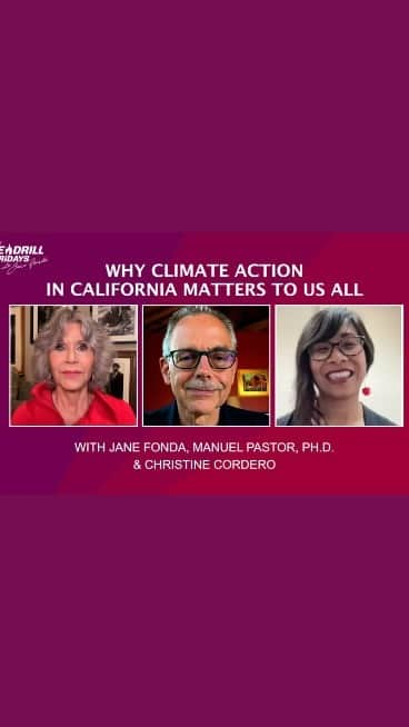 ジェーン・フォンダのインスタグラム：「It’s Fire Drill Friday! Today we’re discussing climate action in California and why it matters to us all.  Did you know California has a law banning the sale of new gas-powered cars after 2035? Now, more than 17 other states are considering similar moves. When it comes to bold action aimed at protecting our planet and communities from climate disaster, how did the Golden State become a trendsetter for the rest of the nation?  Actor and activist, Jane Fonda, Director of the Equity Research Institute of University of Southern California, Manuel Pastor, Ph.D., and Co-Director of the Asian Pacific Environmental Network, Christine Cordero, engage in an enlightening and lively conversation about why the future of our climate – and politics – may lie with California.  Check out the full Fire Drill Fridays Live show on http://youtube.com/greenpeaceusa.  @apen4ej #FireDrillFridays #Greenpeace #ClimateCrisis #ClimateEmergency #California #GoldenState #Community」