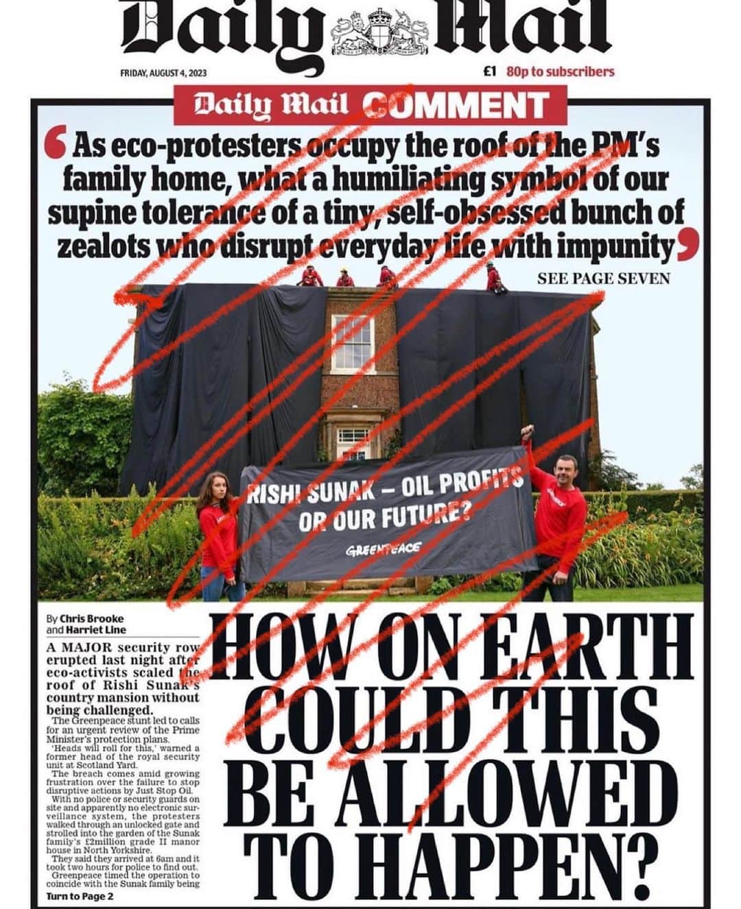 ブライアン・メイのインスタグラム：「The poisonous Daily Mail strikes again, deliberately obscuring the point.  The point being that the unquestionably suspect Rishi Sunak is unquestionably WRONG to allow vastly more drilling for oil in our waters - and the advocates of Just Stop Oil, no matter how annoying they might be, are UNQUESTIONABLY RIGHT.  To me it’s now  unquestionable that the wrong people - The Tory Government and the Tory Press, are the WRONG PEOPLE to be in power.  Their collective dishonesty is beyond shameful.  God help Britain.  Bri」
