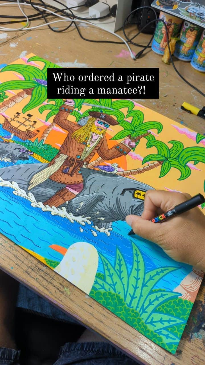 MULGAのインスタグラム：「This was a fun one 🤘 🏴‍☠️🤘  #mulgatheartist #pirateart #pirate #piratesofthecaribbean #piratepainting #manatee #manateedrawing #manateedrawing #art #painting」