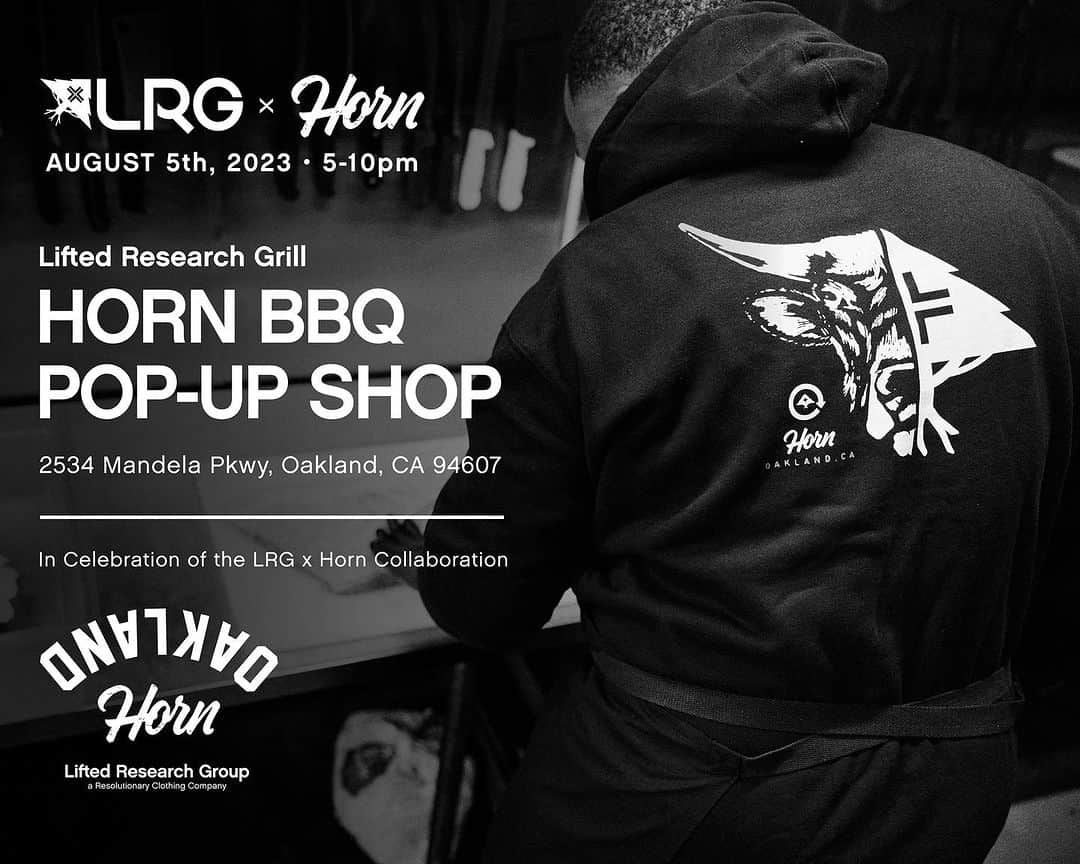 エルアールジーのインスタグラム：「LRG x @hornbarbecue POP-UP SHOP happening today 5-10pm 🌲🐂🔥💨 2534 Mandela Pkwy, Oakland, CA 94607」