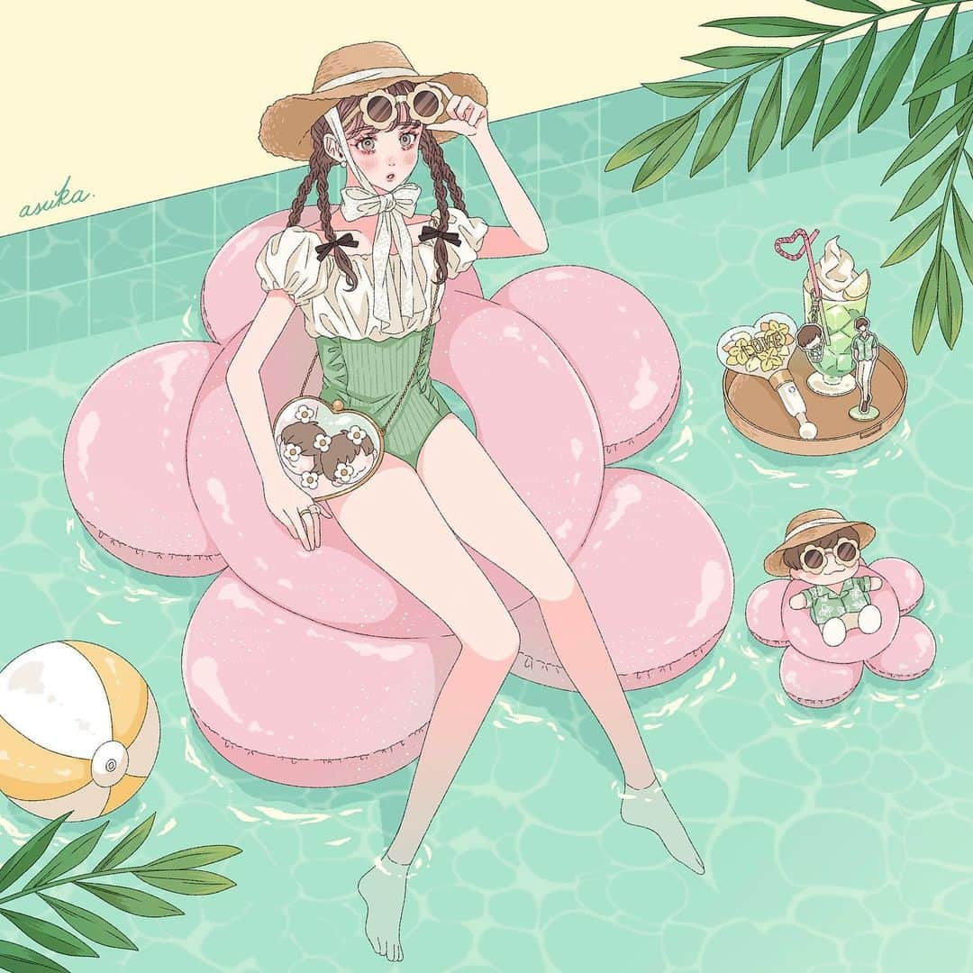 asukaのインスタグラム：「・ 👒🍨✈️🎀  夏〜春の推し活カレンダーイラストまとめました♡ どのイラストが1番好きですか…？🫶🏻  8月カレンダーの配布もしているので、ハイライトの 『カレンダー』からぜひ使ってね✍🏻 ・ ・ #instagood #instalike #instafashion #l4like #l4l #fff #f4f #kpop  #参戦服 #うちわ #イラストグラム #ファッションイラスト #イラストレーター #オリジナルイラスト #おえかき #ちびぬい #お洒落なジャニヲタさんと繋がりたい #トートバッグ #わーーーージャニオタさんと繋がるお時間がまいりましたいっぱい繋がりましょ #アクスタ #kpop好きな人と繋がりたい#浮き輪 #ジェラート専門店 #カレンダー #カレンダーイラスト #カレンダー配布 #フリーアイコン#アイスクリーム#厚底コンバース#水着」