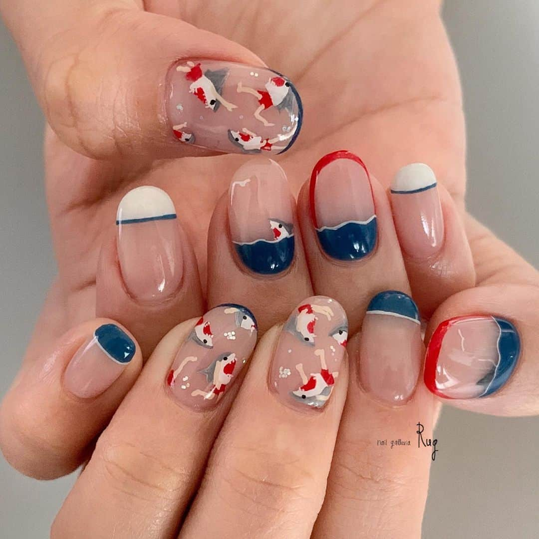 aoki_nailさんのインスタグラム写真 - (aoki_nailInstagram)「#jaws 🦈  フレンチとリンクする ペイント。 ユニバのグッズから おちゃめなイメージで作成💫 こんな可愛いグッズになってたとは笑  夏ネイルまだの方ぜひ☀️w  nailgalleria  Rug〈ラグ〉 大阪市北区中崎西2-6-3  ペイントC #ネイル#夏ネイル#金魚ネイル#ネイル #夏ネイルデザイン#ポップネイル#アートネイル大阪#ペイントネイル  #絵画ネイル #油絵ネイル #手描きアート#手描きデザイン#手描きネイル#アートネイル#夏デザイン　#フットネイル# #イラストネイル#rugペイントC」8月5日 23時51分 - aoki_nail