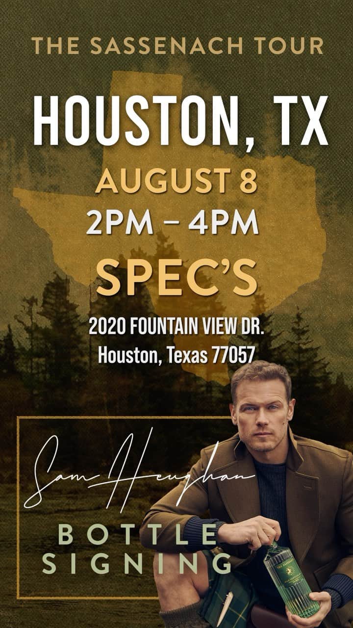 サム・ヒューアンのインスタグラム：「Here we go, #Houston 🍸🍏  We’re heading to the Lone Star State for our next stop this Tuesday, August 8th @specs1962 to celebrate the launch of the #Sassenach #WildScottishGin and sign your new bottles!  We’ll see you there!  Spec’s  2020 Fountain View Dr. Houston, Texas 77057 Tuesday, August 8th  2:00pm - 4:00pm  Bottle signing only, while supplies last and during the two hours at stores! . . . #SamHeughan #SassenachSpirits #Gin #Whisky」
