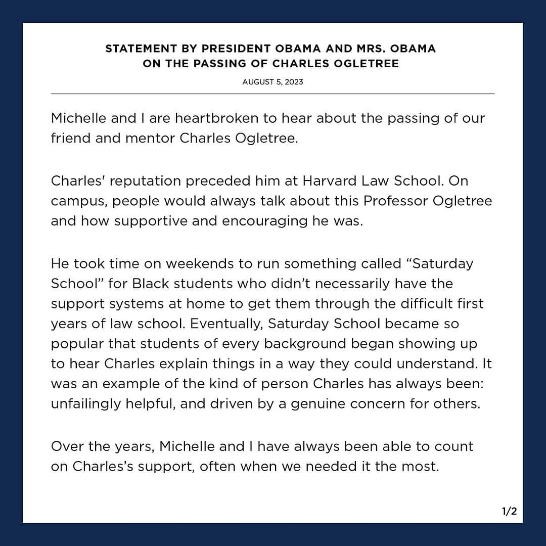 ミシェル・オバマのインスタグラム：「Michelle and I are heartbroken to hear about the passing of our friend Charles Ogletree. He was an advocate for social justice, an incredible professor, and a mentor to many – including us. Our thoughts are with his wife Pamela, his entire family, and everyone who knew and loved this remarkable man.」