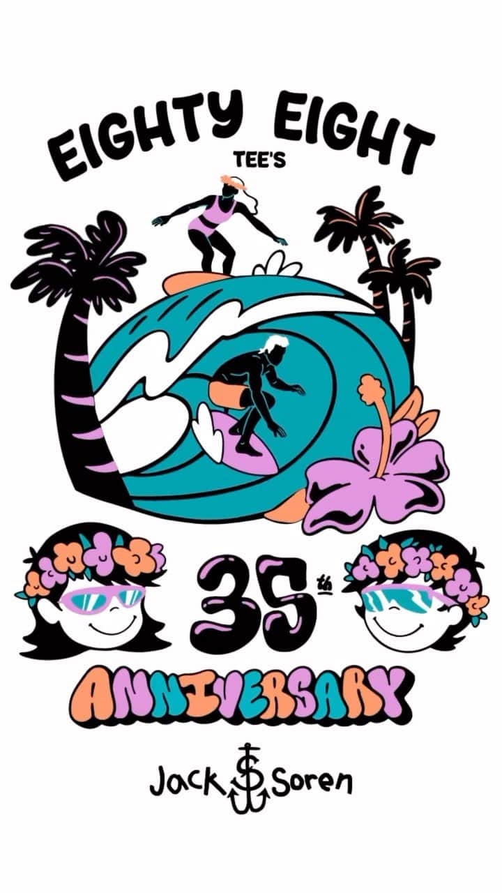 のインスタグラム：「We are thrilled to announce our latest collaboration with @jacksoren a native Hawaiian born artist whose works are renowned for vibrate color and contemporary style. His work also carries spirit connection to Hawaiian culture illustrating the land and sea. Come celebrate our 35th anniversary with us at our Kalākaua store from 12-6pm on August 8th. Hope to see you all there!  皆さんにお知らせです88tees35周年向かいます！ この機会にハワイ生まれの新鋭アーティストジャックとのtシャツコラボを実現。カラカウア店で35周年を8月8日１２時-１８時パーティーするよ🥳是非遊びに来てね」