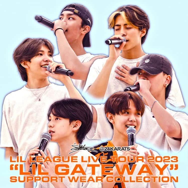 24カラッツのインスタグラム：「LIL LEAGUE LIVE TOUR 2023 “LIL GATEWAY”SUPPORT WEAR COLLECTION 8.11(FRI) ON SALE at 24KARATS TOKYO / VERTICAL GARAGE ONLINE STORE  24KARATSのオーセンティックラインをベースにした LIL LEAGUE別注デザインとなっており、 アーティスト直筆のLIL LEAGUEシグネチャーのプリントが入ったコレクション。  ■販売日 8月11日(金)  ■販売箇所 24KARATS TOKYO VERTICAL GARAGE ONLINE STORE  @24karatsofficial @vertical_garage @lil_league_official  #24karats #verticalgarage #lilleague」